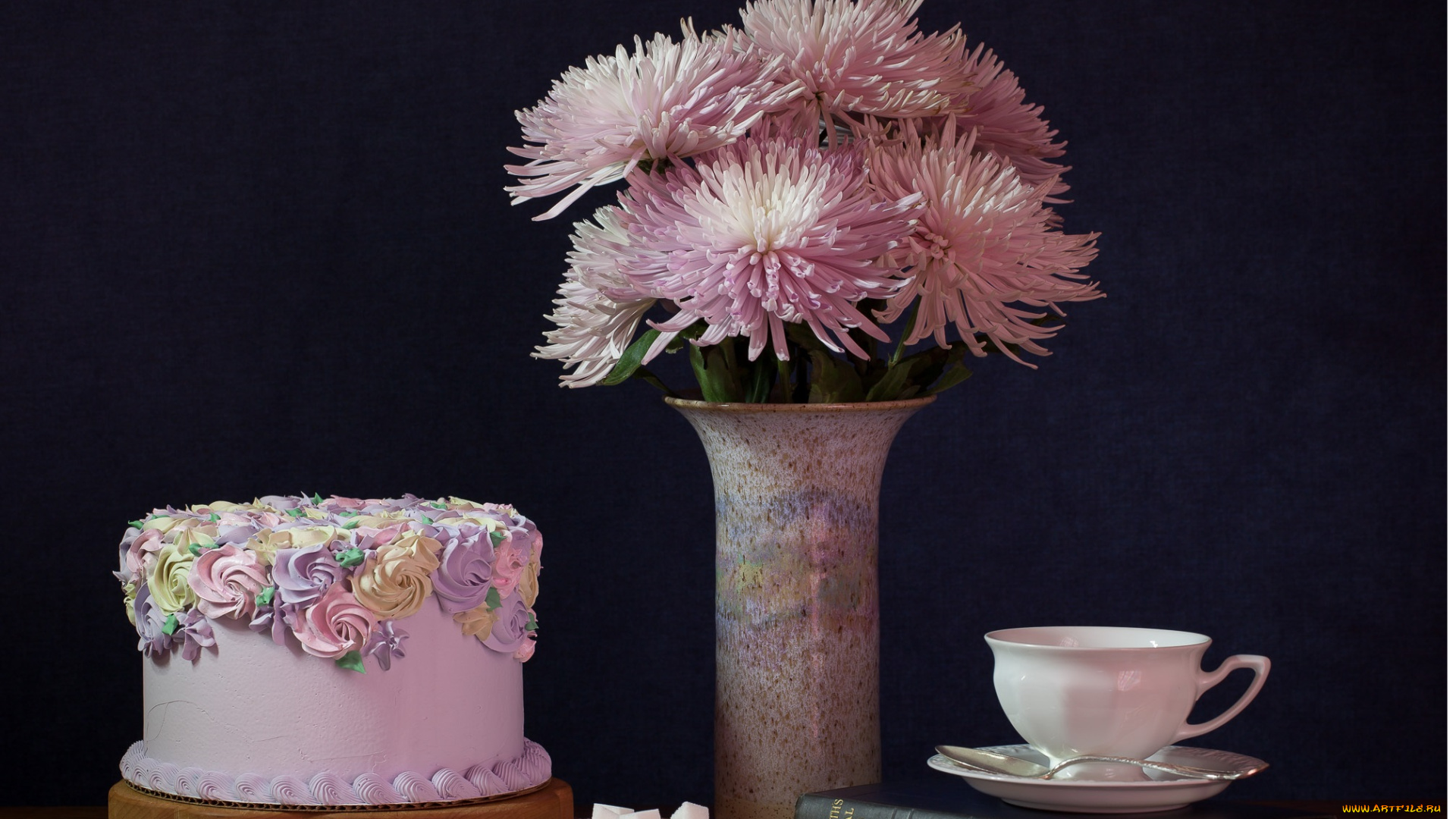 еда, торты, цветы, георгины, букет, торт, праздник