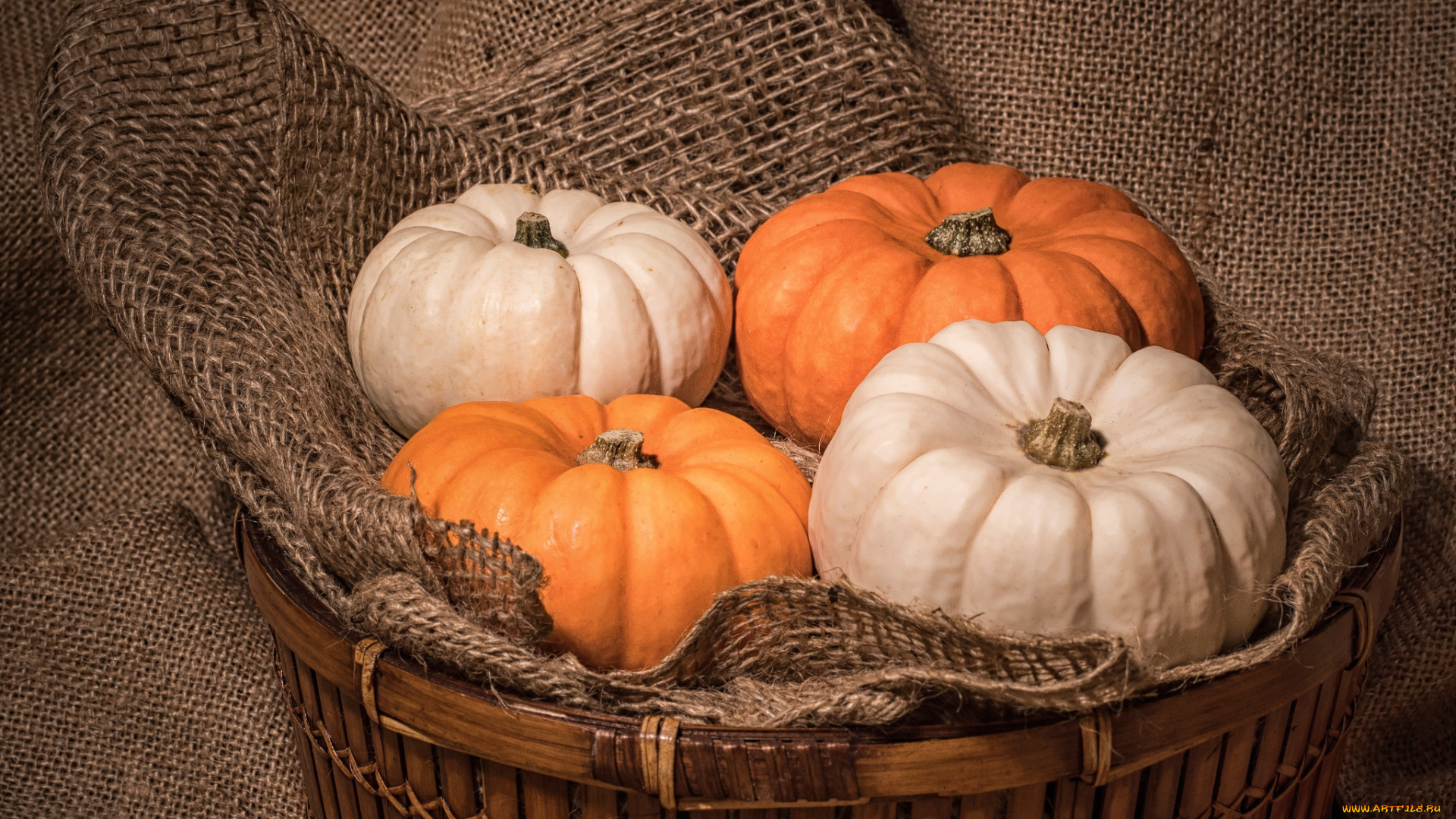 еда, тыква, лукошко, мешковина, тыквы
