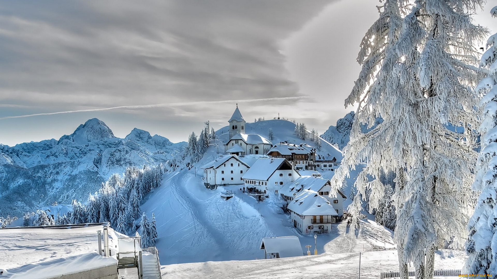 города, -, пейзажи, зима, мороз, солнце, пейзаж, европа, горы