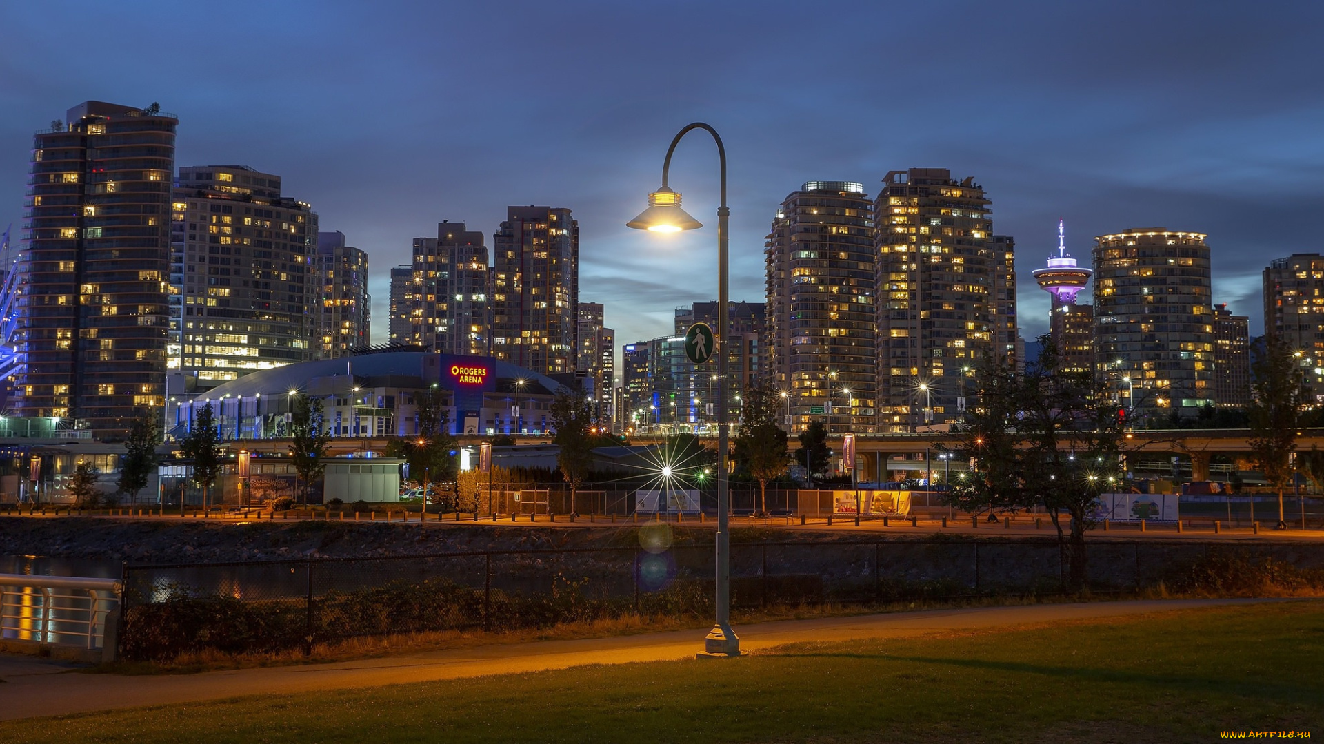 города, ванкувер, , канада, фонарь, огни, вечер, ванкувер