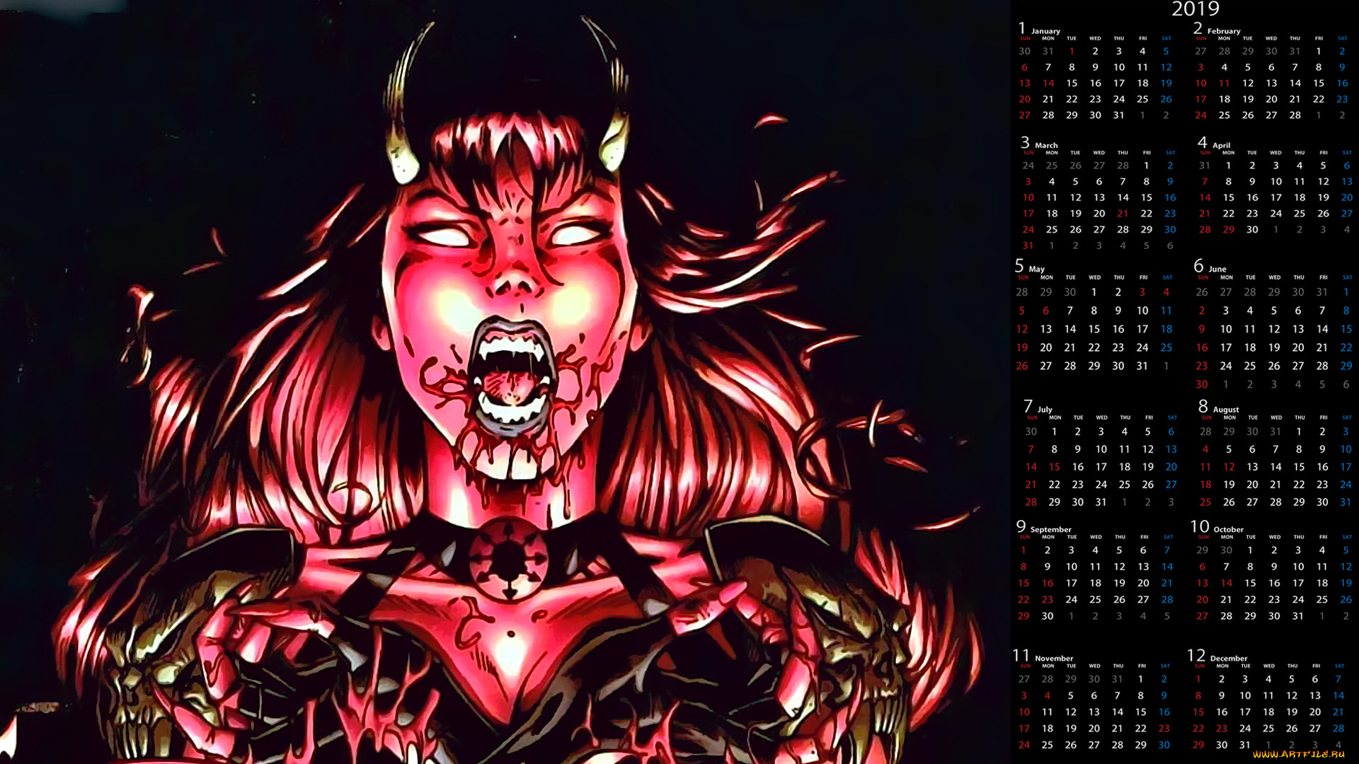 календари, фэнтези, женщина, кровь, существо, лицо