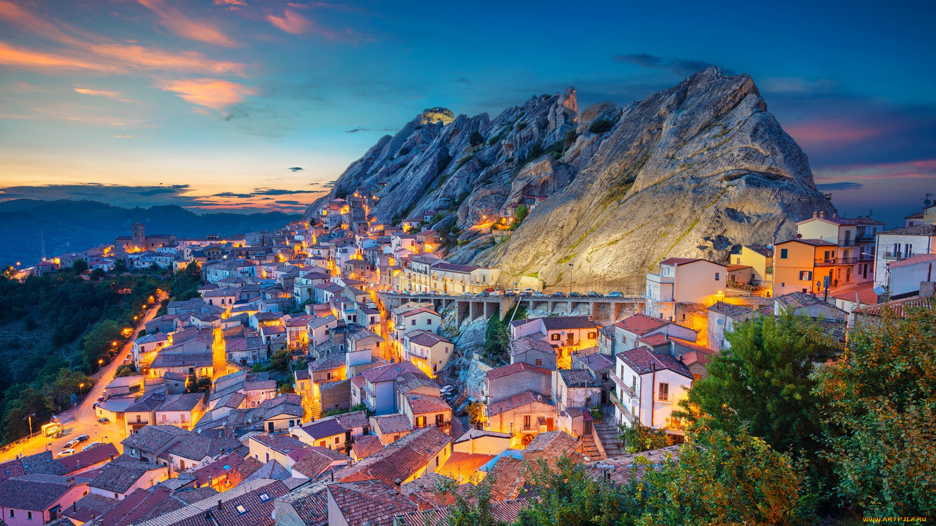 pietrapertosa, italy, города, -, пейзажи, италия, базиликата, вечер, пьетрапертоса, средиземное, море, итальянский, город, горный, пейзаж, закат