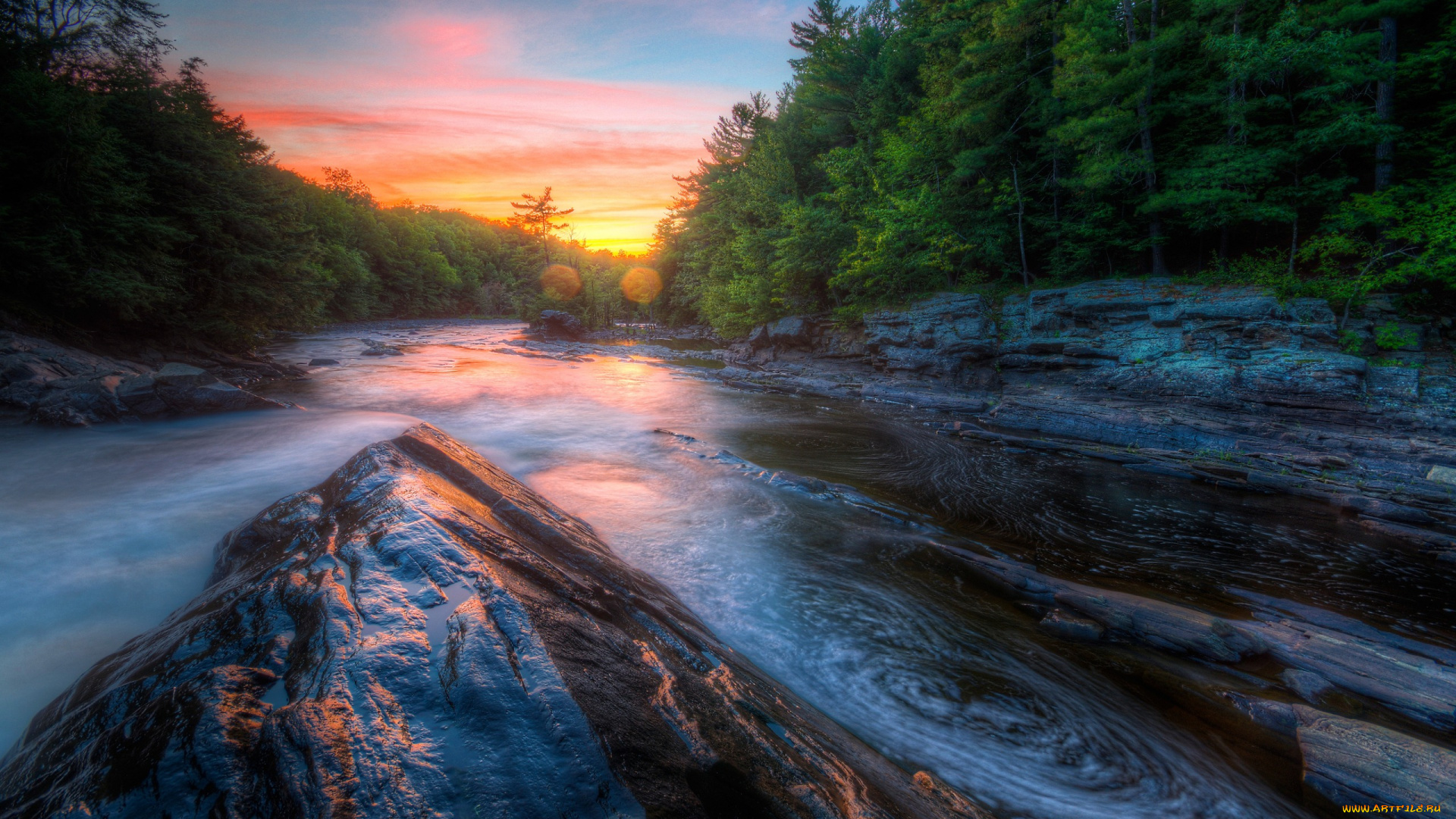 природа, реки, озера, каменистый, лес, сосна, водоем, небо, облака, закат, река, камни, скалы, берег, течение, вечер
