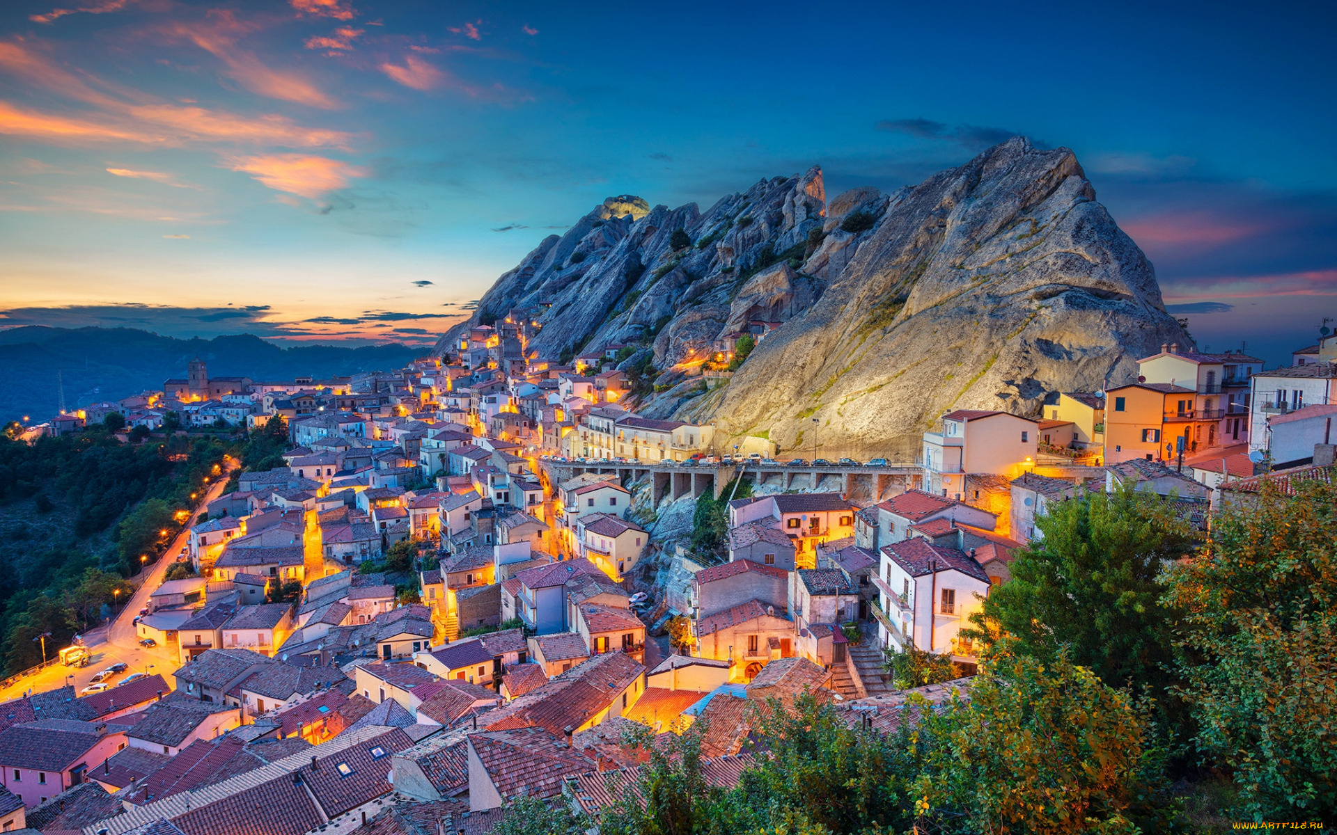 pietrapertosa, italy, города, -, пейзажи, италия, базиликата, вечер, пьетрапертоса, средиземное, море, итальянский, город, горный, пейзаж, закат