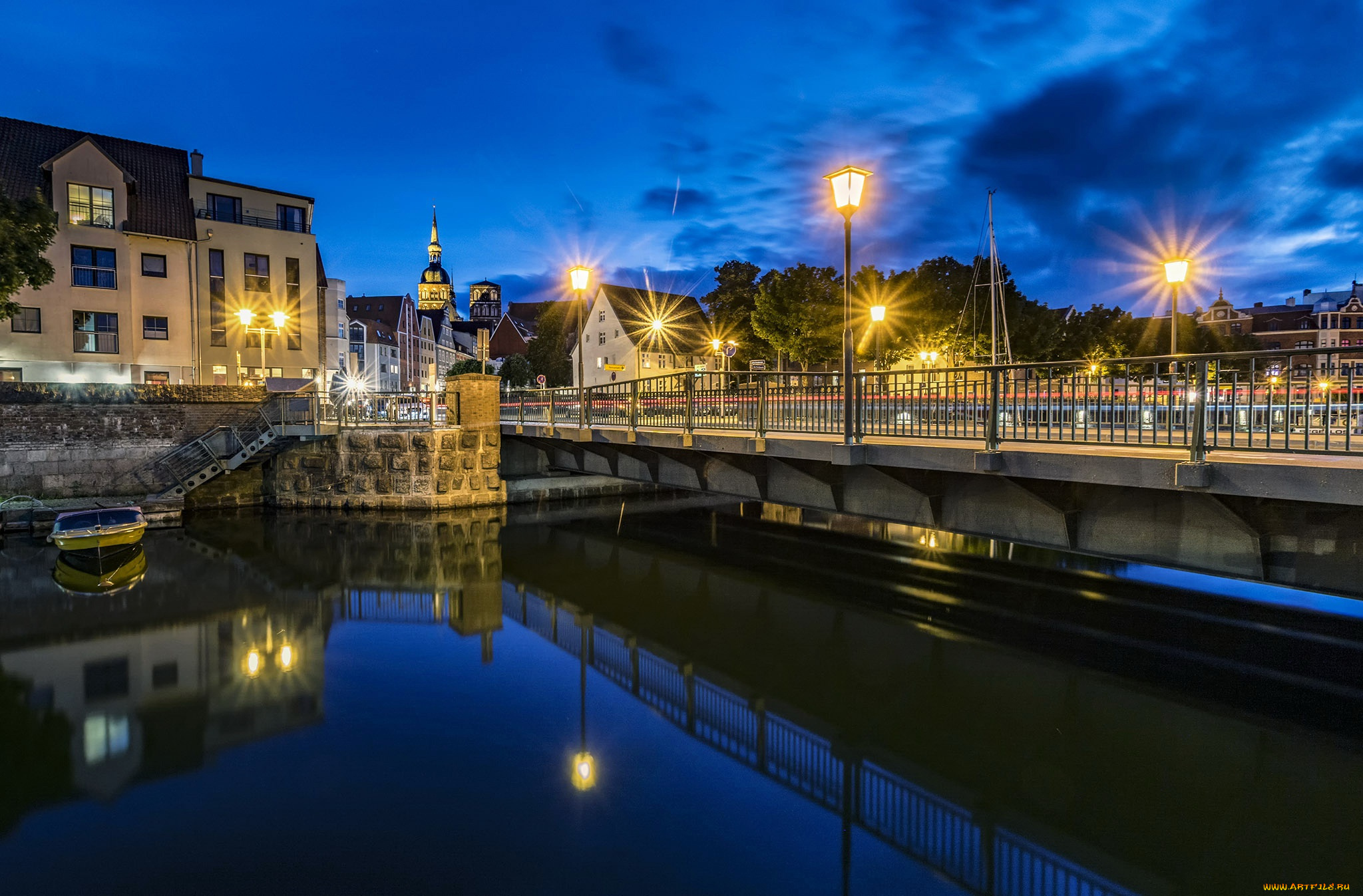 города, -, огни, ночного, города, канал, вечер, огни, германия, штральзунд, stralsund