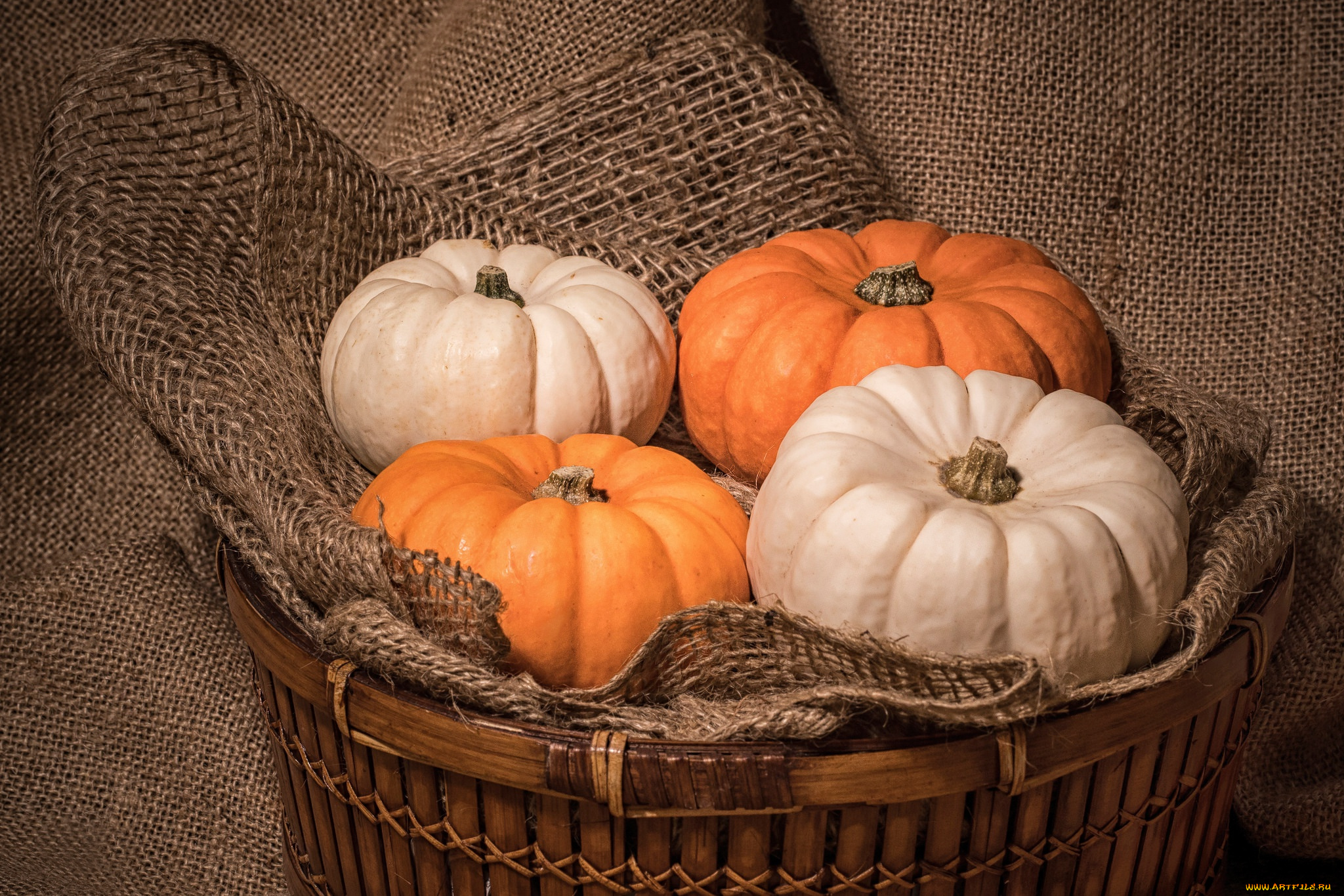 еда, тыква, лукошко, мешковина, тыквы