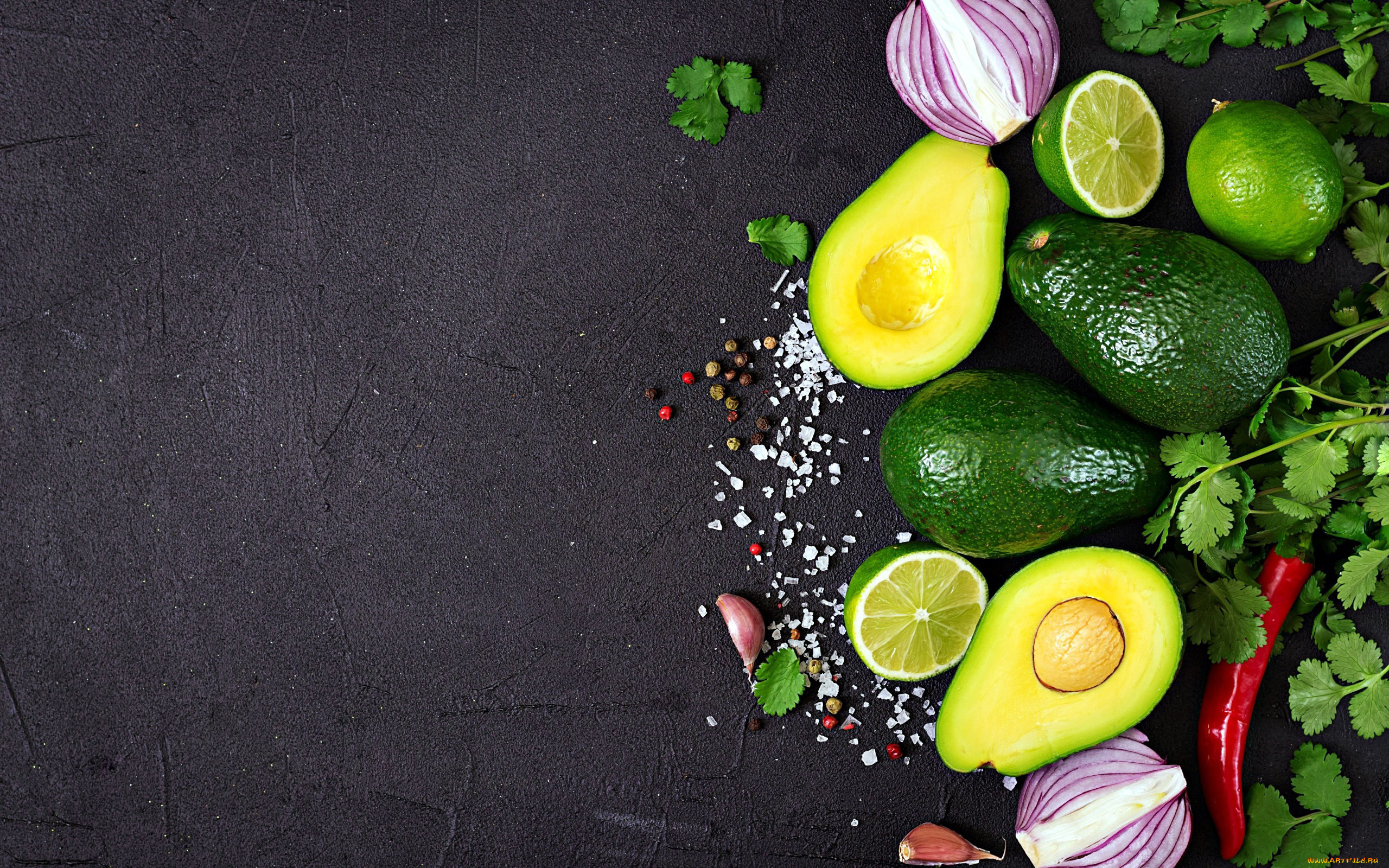 еда, фрукты, и, овощи, вместе, лай, авокадо, лук, перец
