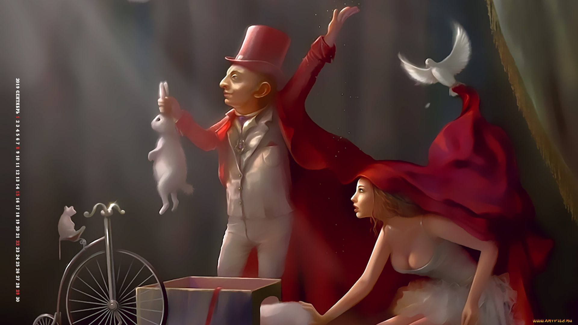 календари, фэнтези, calendar, 2019, сцена, велосипед, кролик, фокус, мужчина, девушка