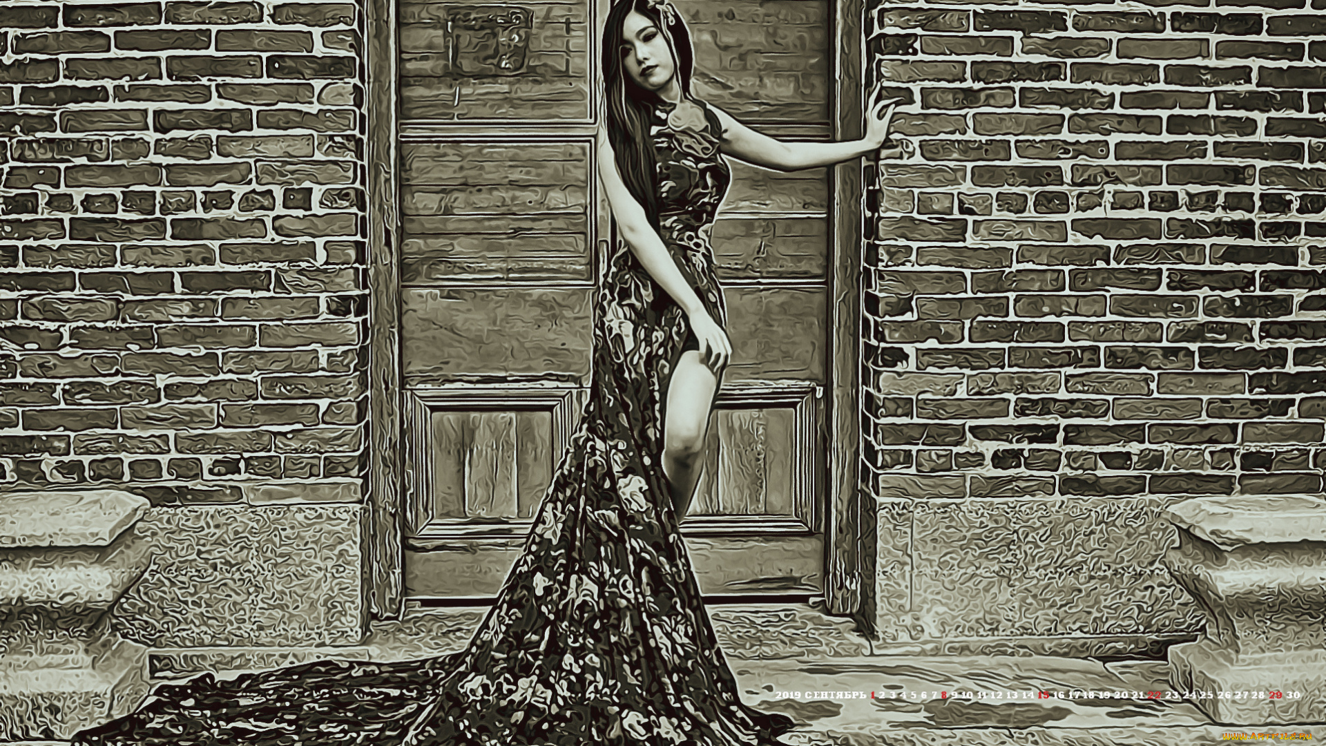календари, компьютерный, дизайн, 2019, дверь, стена, азиатка, девушка, женщина, взгляд, calendar