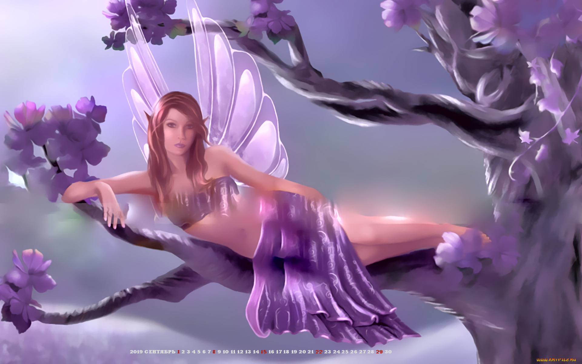 календари, фэнтези, цветы, calendar, 2019, дерево, крылья, девушка