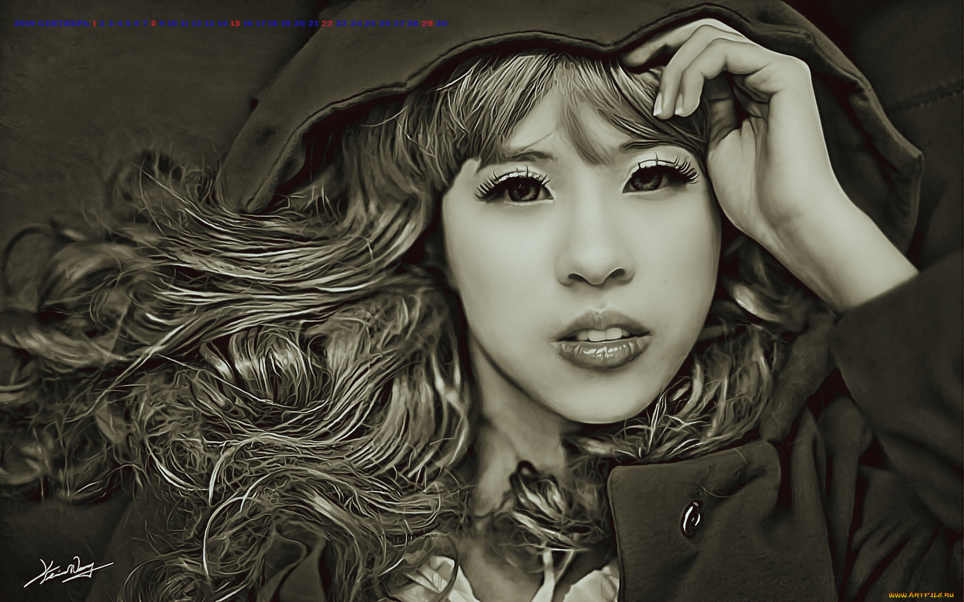 календари, компьютерный, дизайн, 2019, calendar, женщина, лицо, взгляд, девушка, азиатка, капюшон