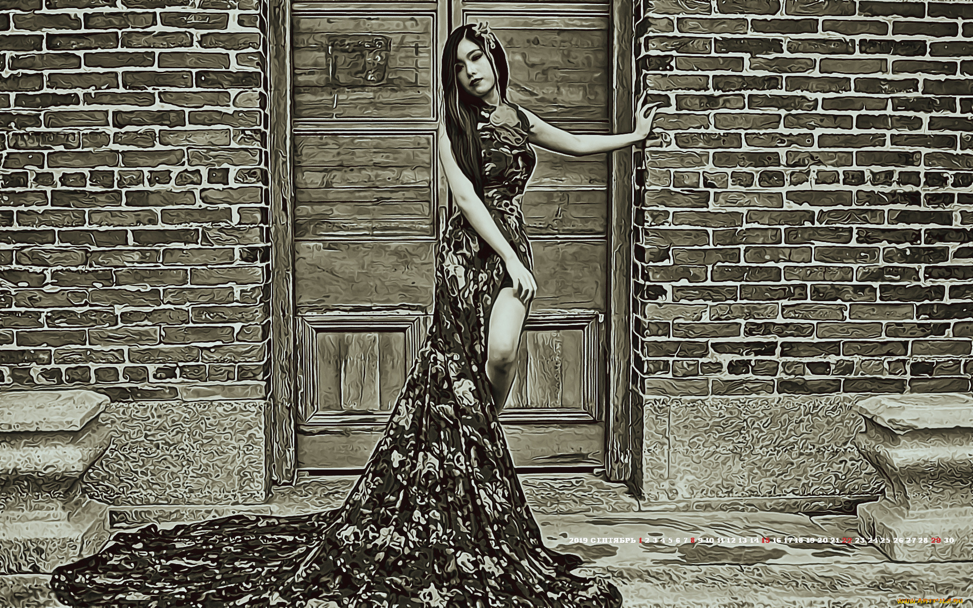 календари, компьютерный, дизайн, 2019, дверь, стена, азиатка, девушка, женщина, взгляд, calendar