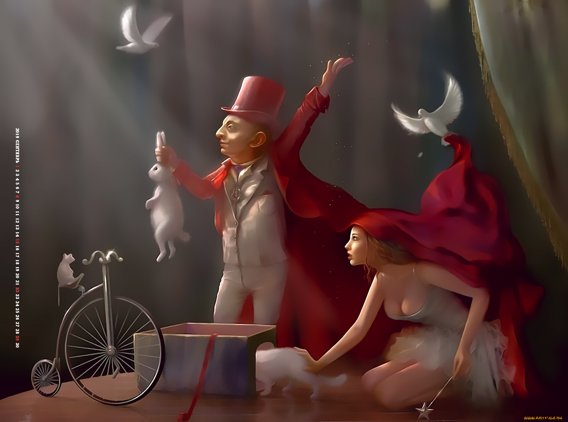 календари, фэнтези, calendar, 2019, сцена, велосипед, кролик, фокус, мужчина, девушка