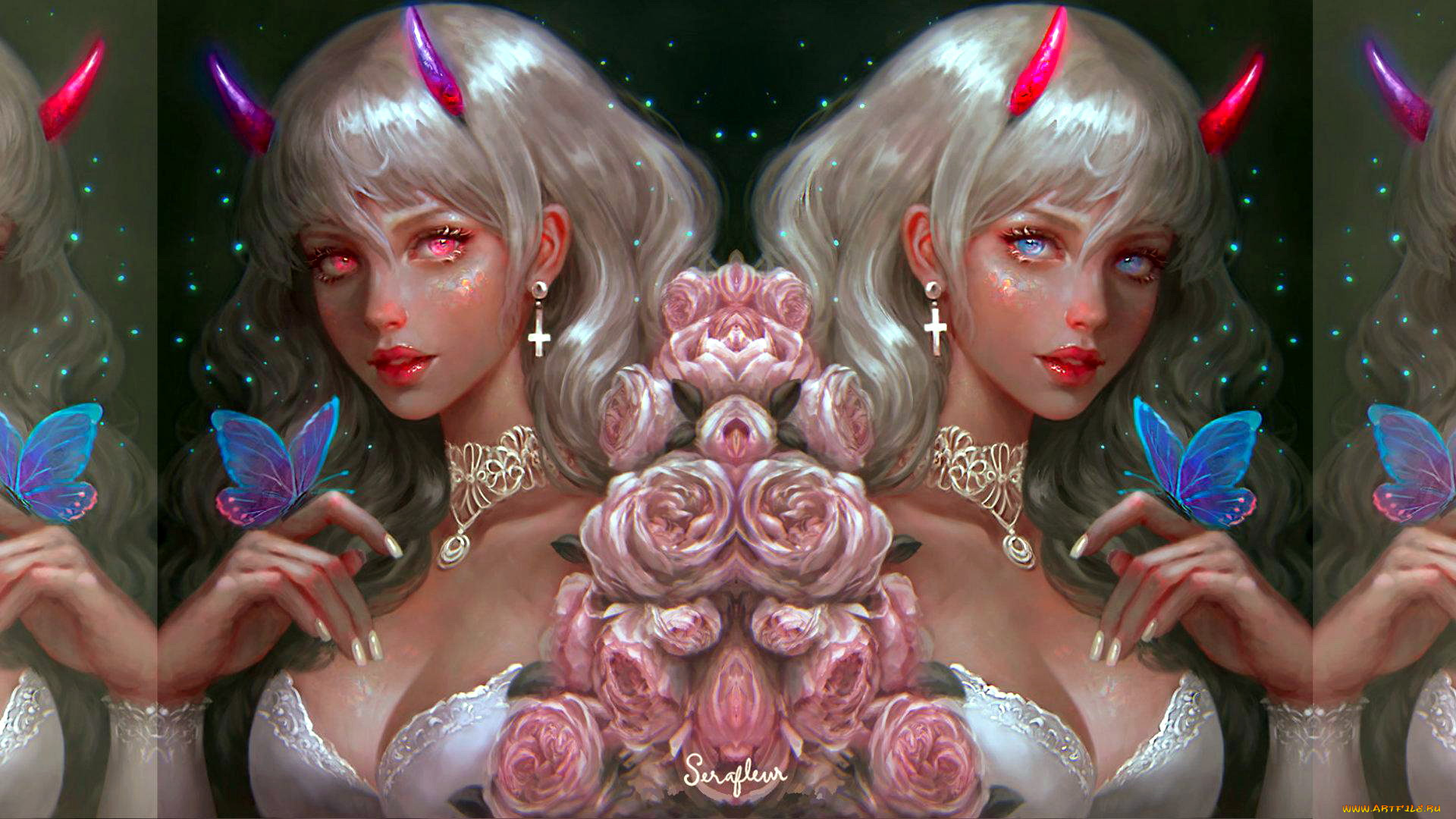 фэнтези, демоны, девушки, рога, украшения, бабочки, розы
