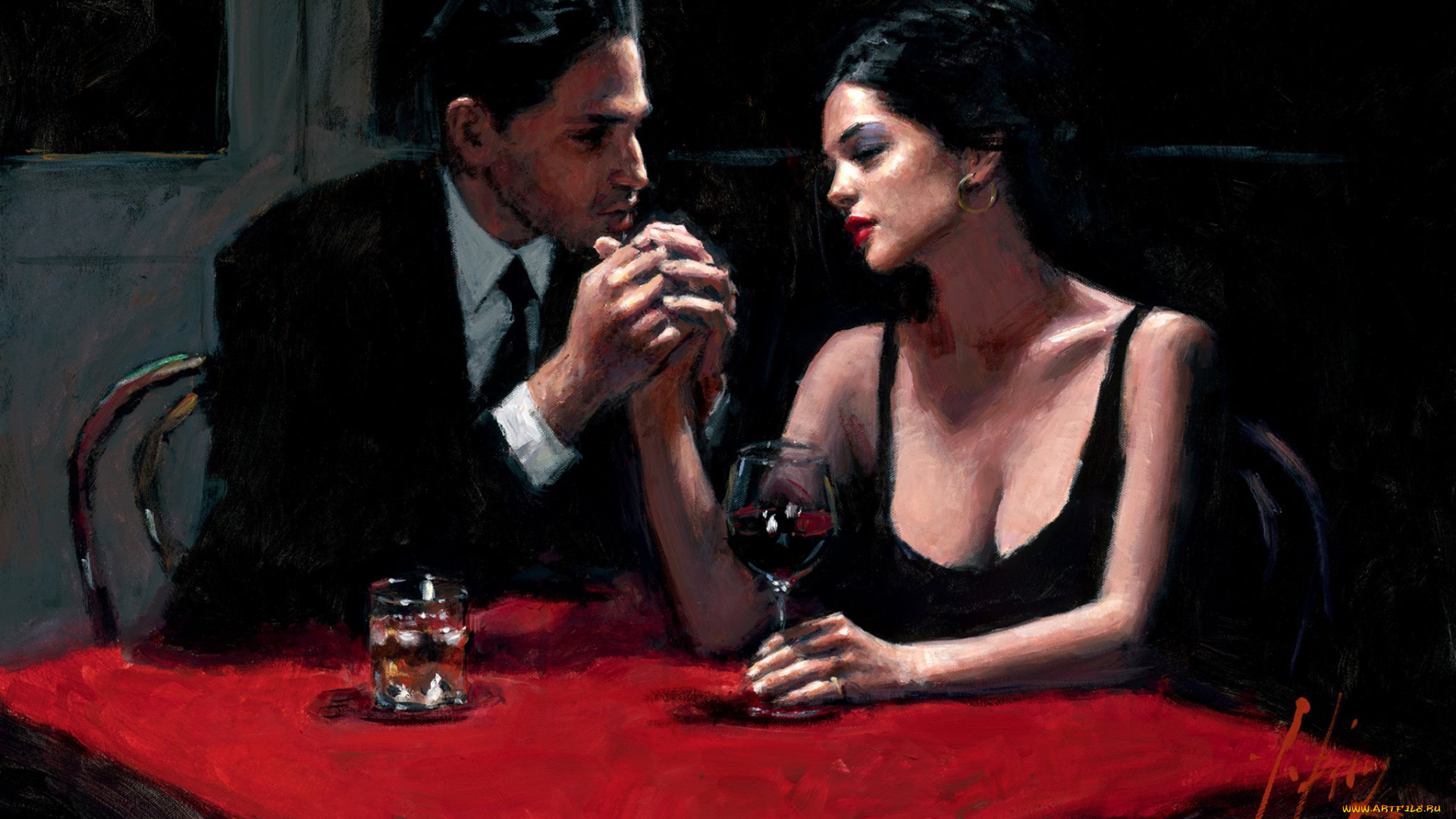 рисованное, fabian, perez, мужчина, женщина, пара, свидание, стол, бокалы