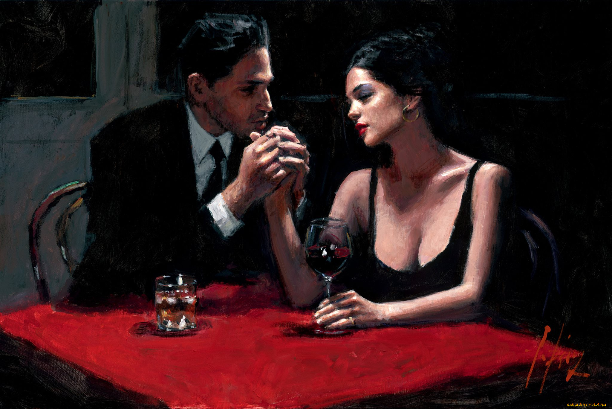 рисованное, fabian, perez, мужчина, женщина, пара, свидание, стол, бокалы