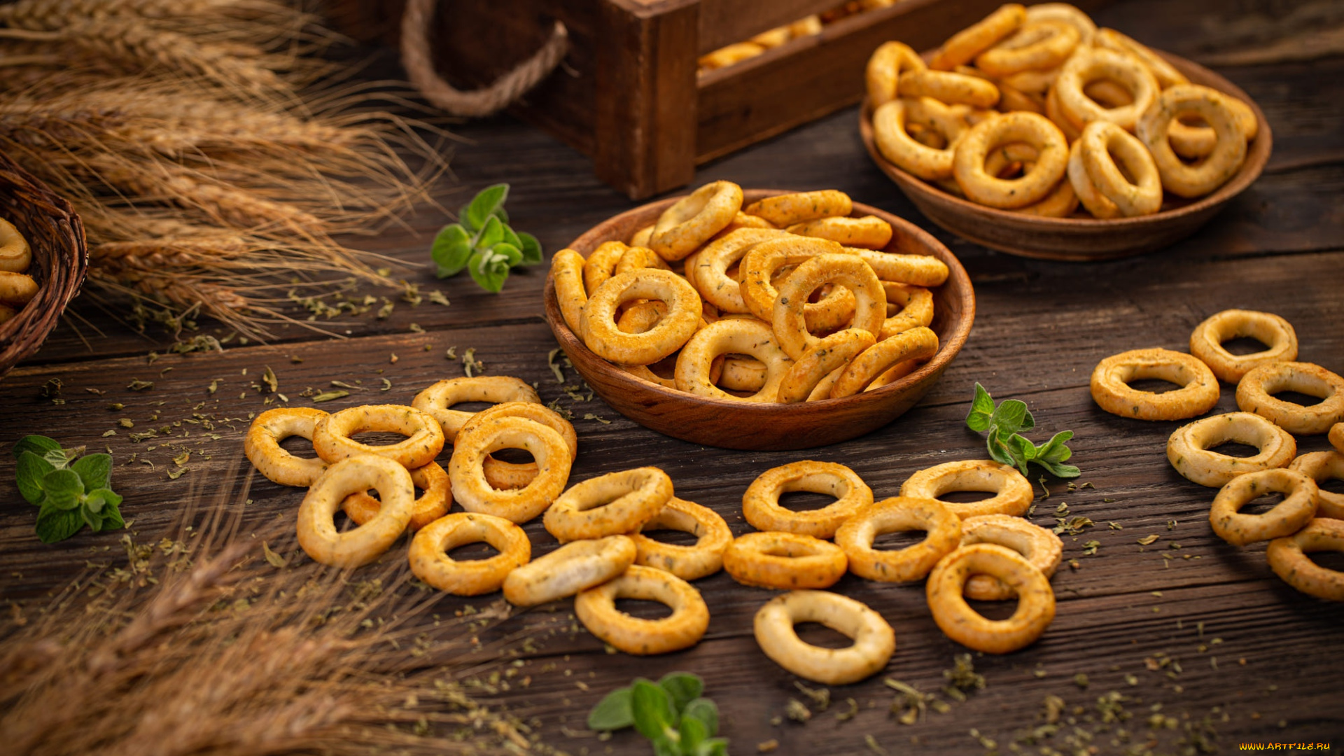 еда, хлеб, , выпечка, доски, бублики, колосья, ящик, мята, баранки, миски