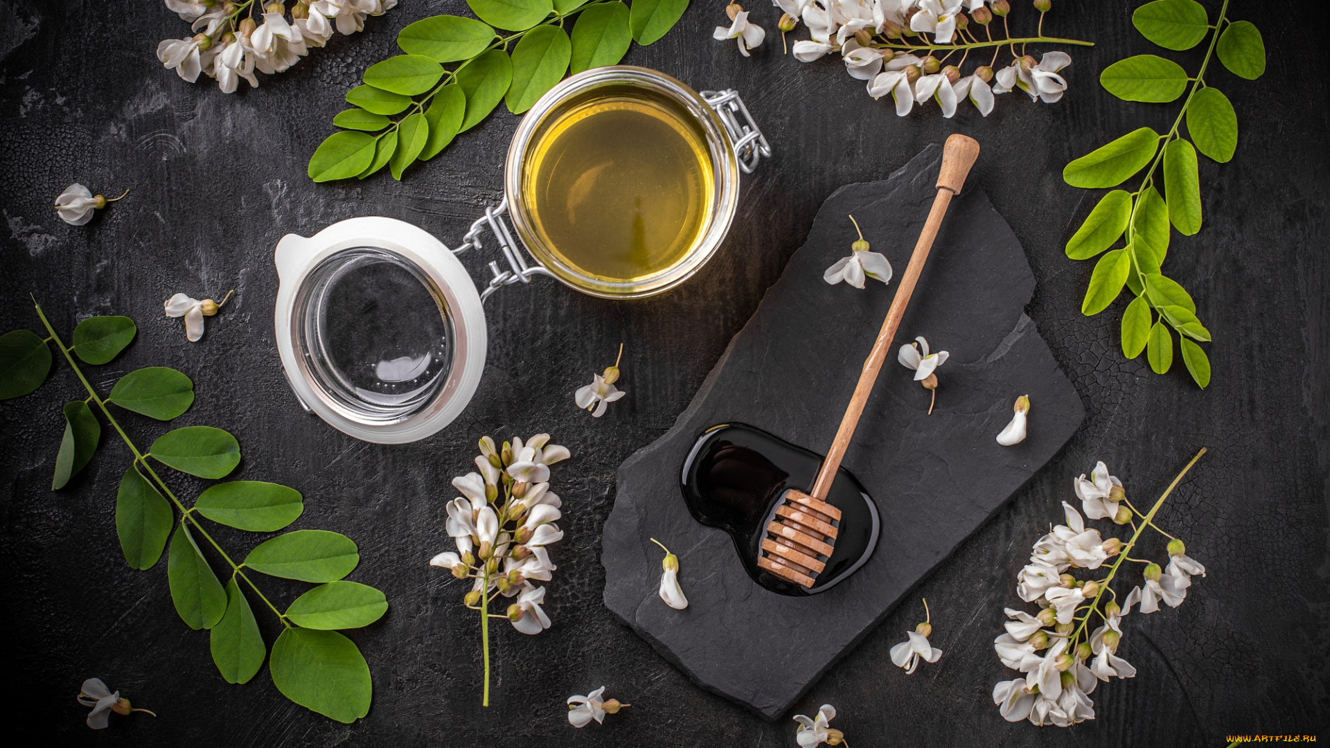 еда, мёд, , варенье, , повидло, , джем, листья, цветы, темный, фон, камень, ложка, банка, акация