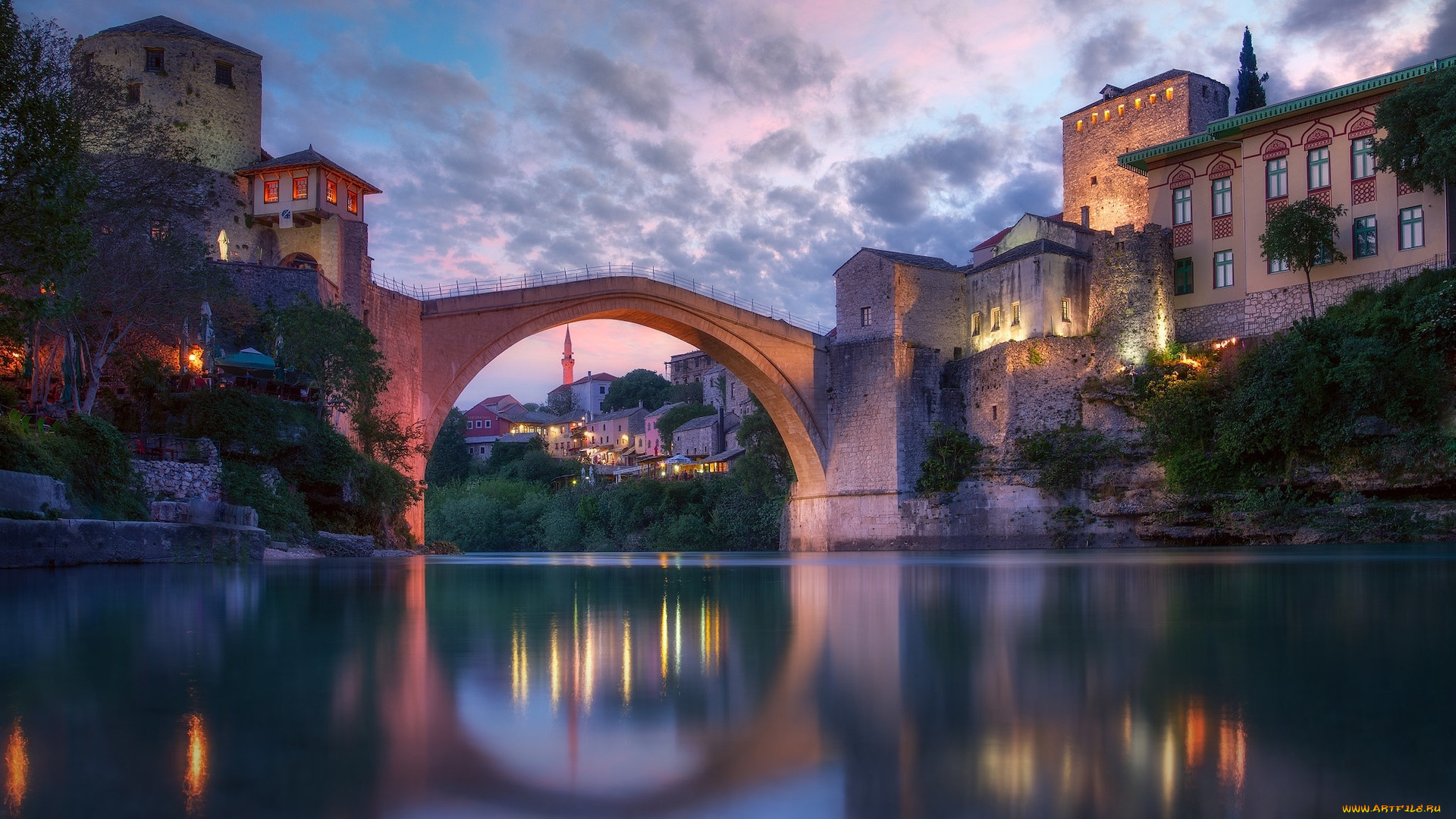 города, мостар, , босния, и, герцеговина, река, мост, вечер, огни