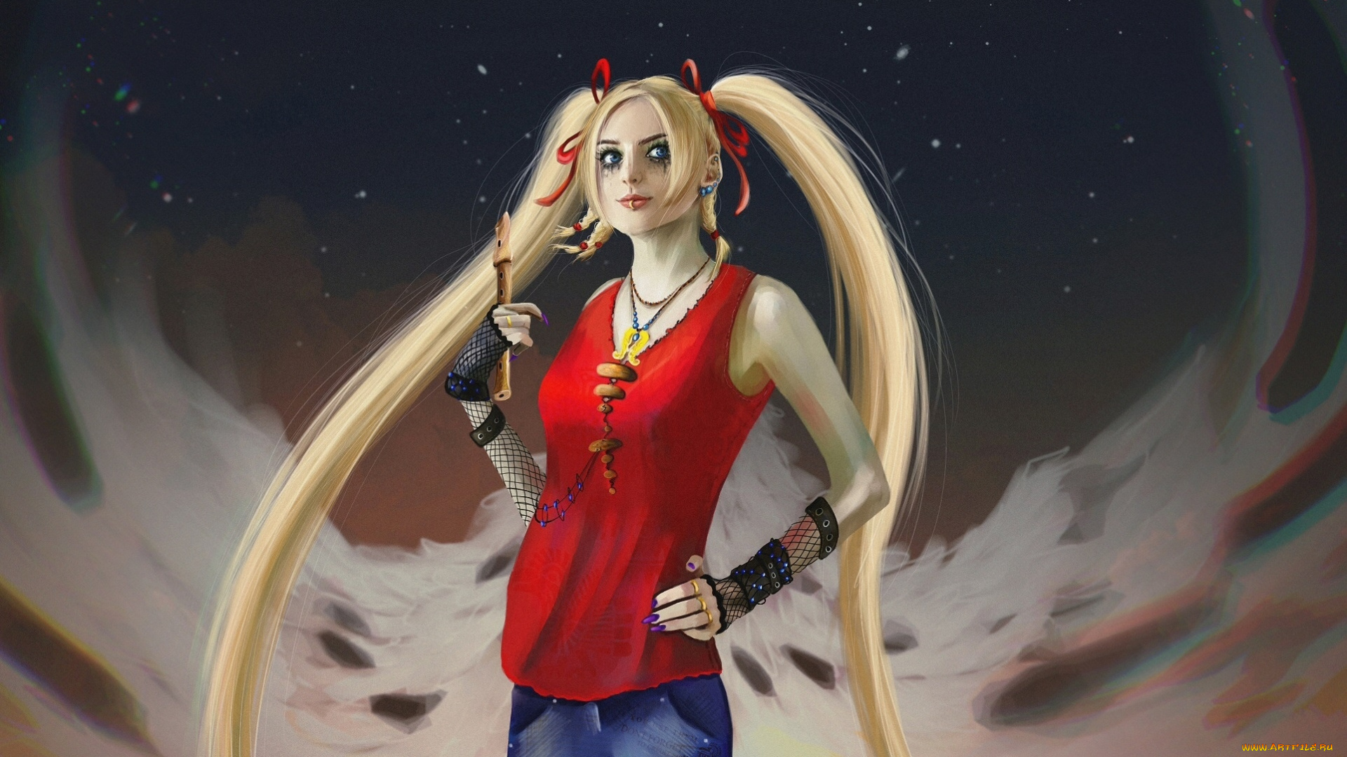 рисованное, люди, девушка, хвостики, майка, джинсы