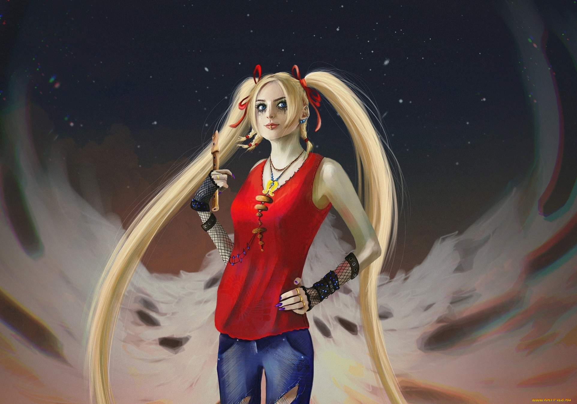 рисованное, люди, девушка, хвостики, майка, джинсы