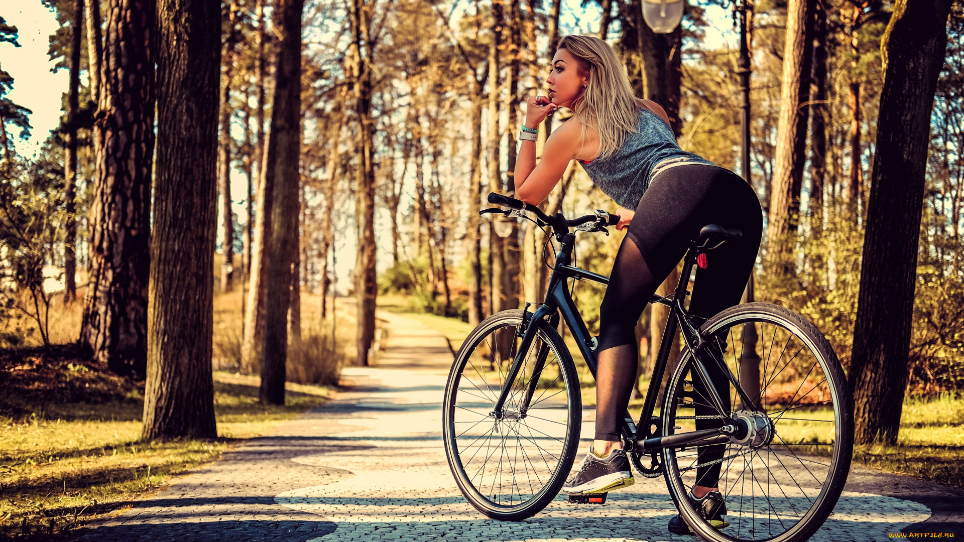 девушки, -, блондинки, , светловолосые, блондинка, лосины, майка, велосипед, лес, дорога