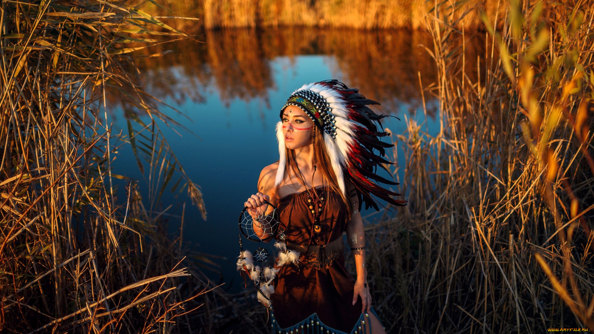 девушки, -, креатив, , косплей, образ, косплей, наряд, костюм, индианка, перья, камыши, озеро, ловец, снов