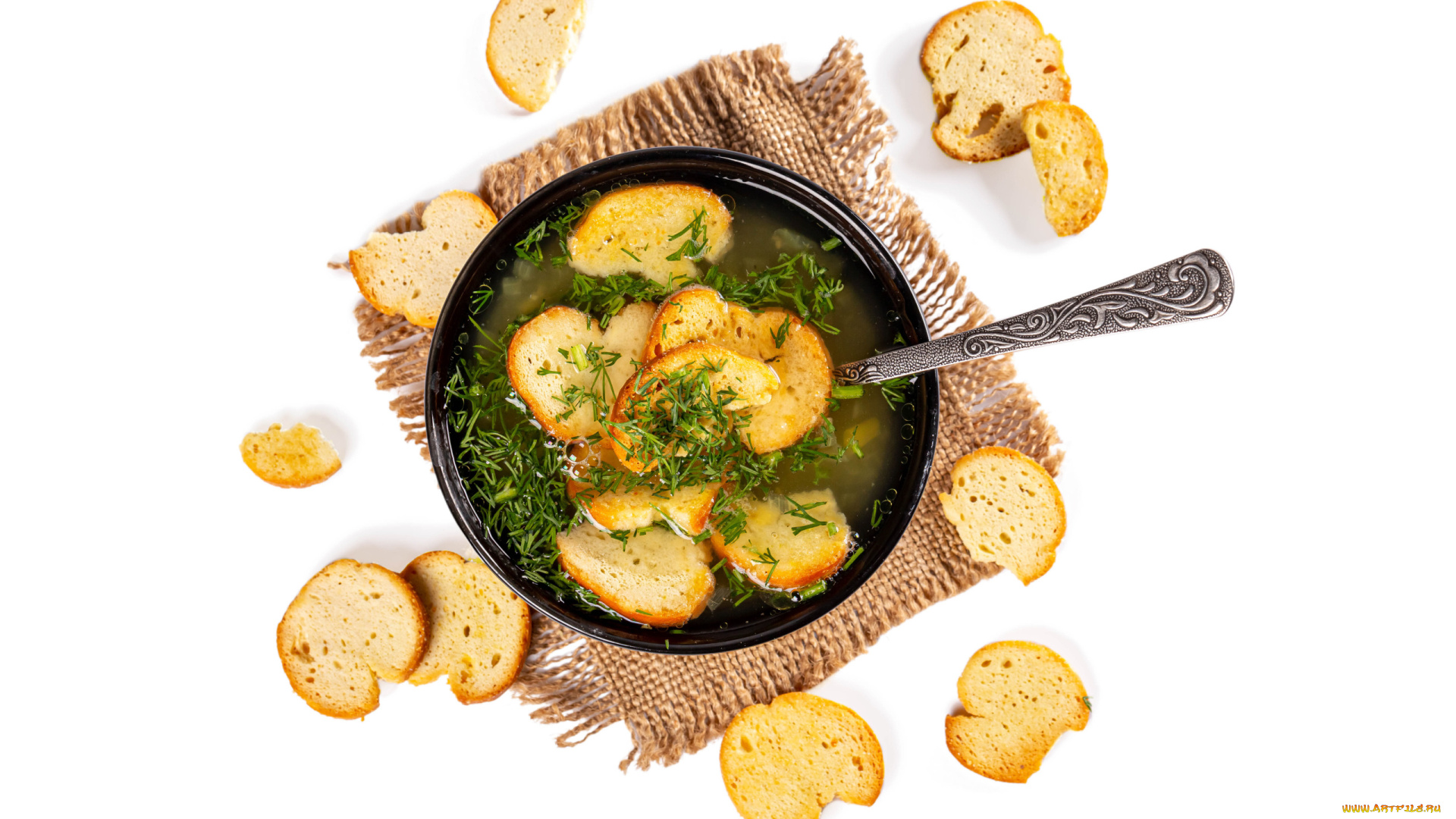 еда, первые, блюда, сухарики, суп, укроп