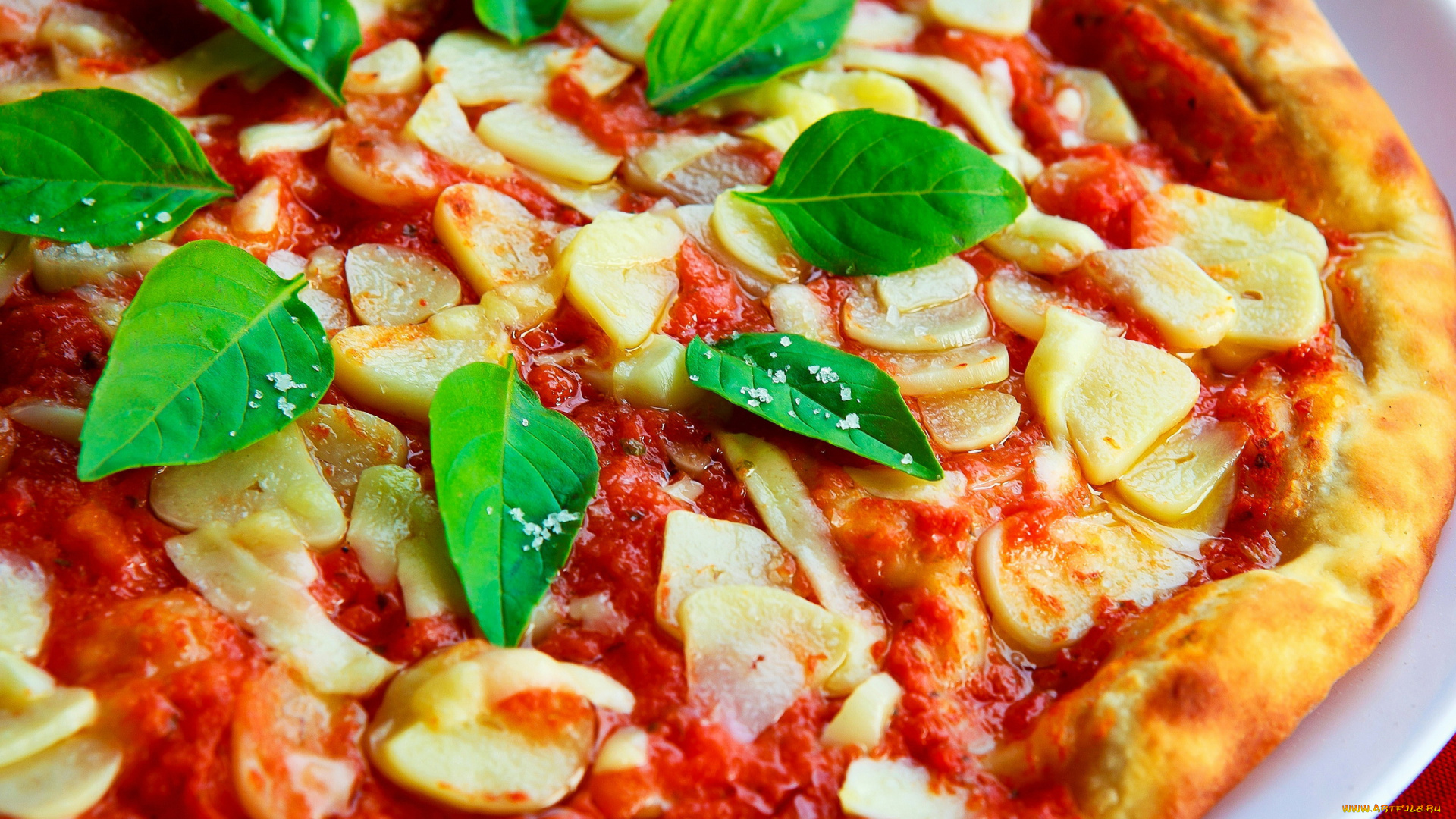 еда, пицца, базилик, чеснок, макро