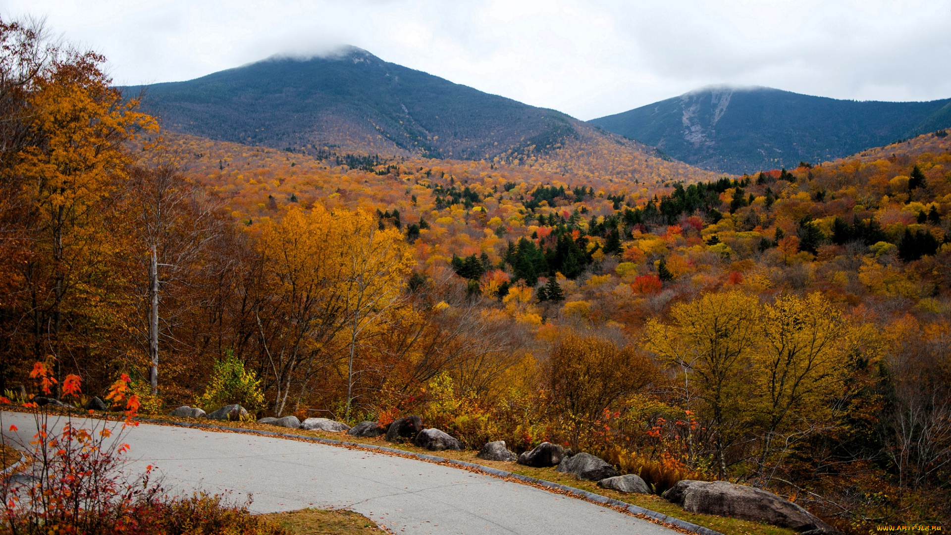 природа, дороги, горы, деревья, осень, дорога, камни