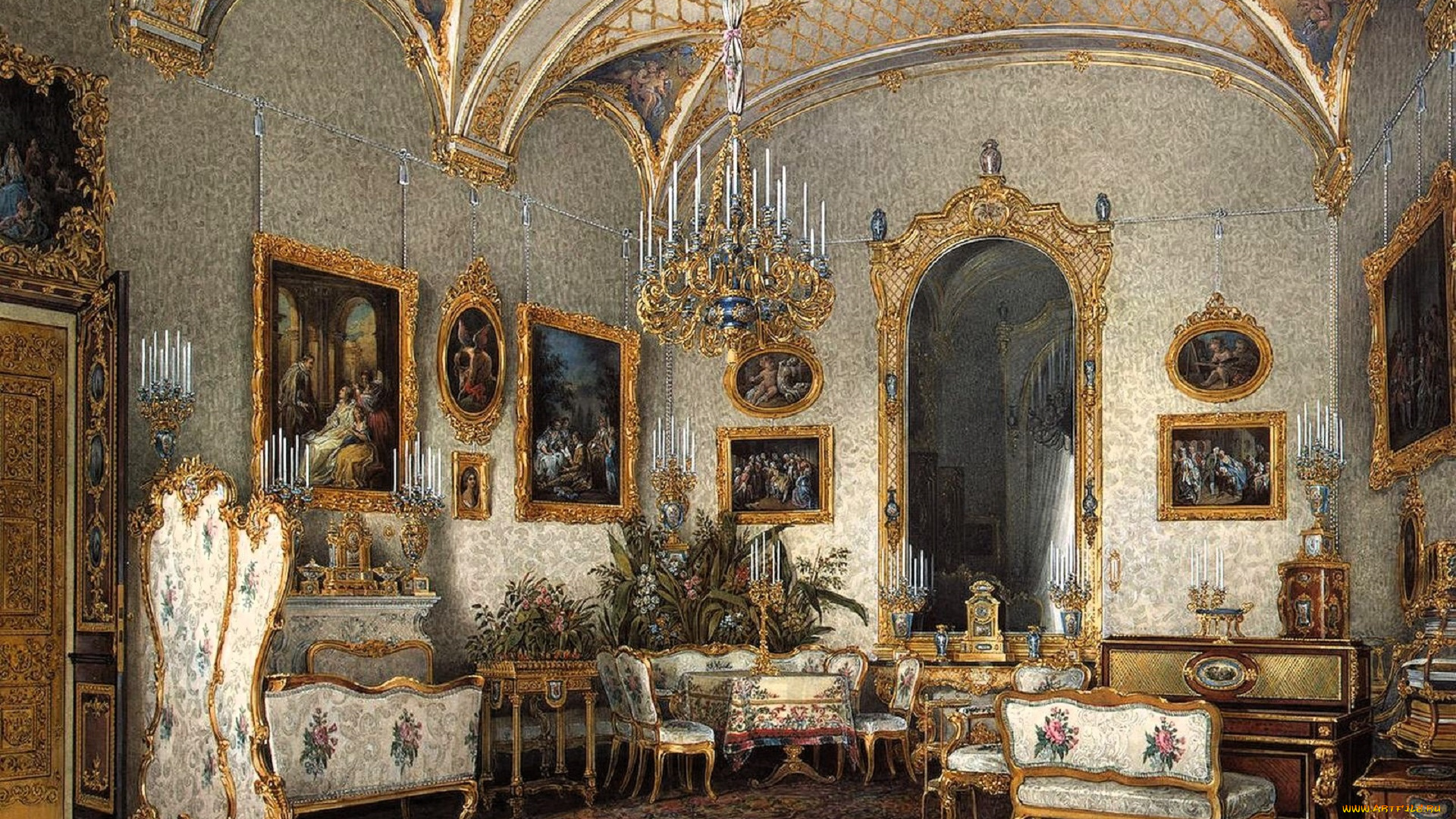 рисованное, эдуард, гау, дворец, интерьер, комната, свод, лепнина, люстра, диваны, ковер, картины
