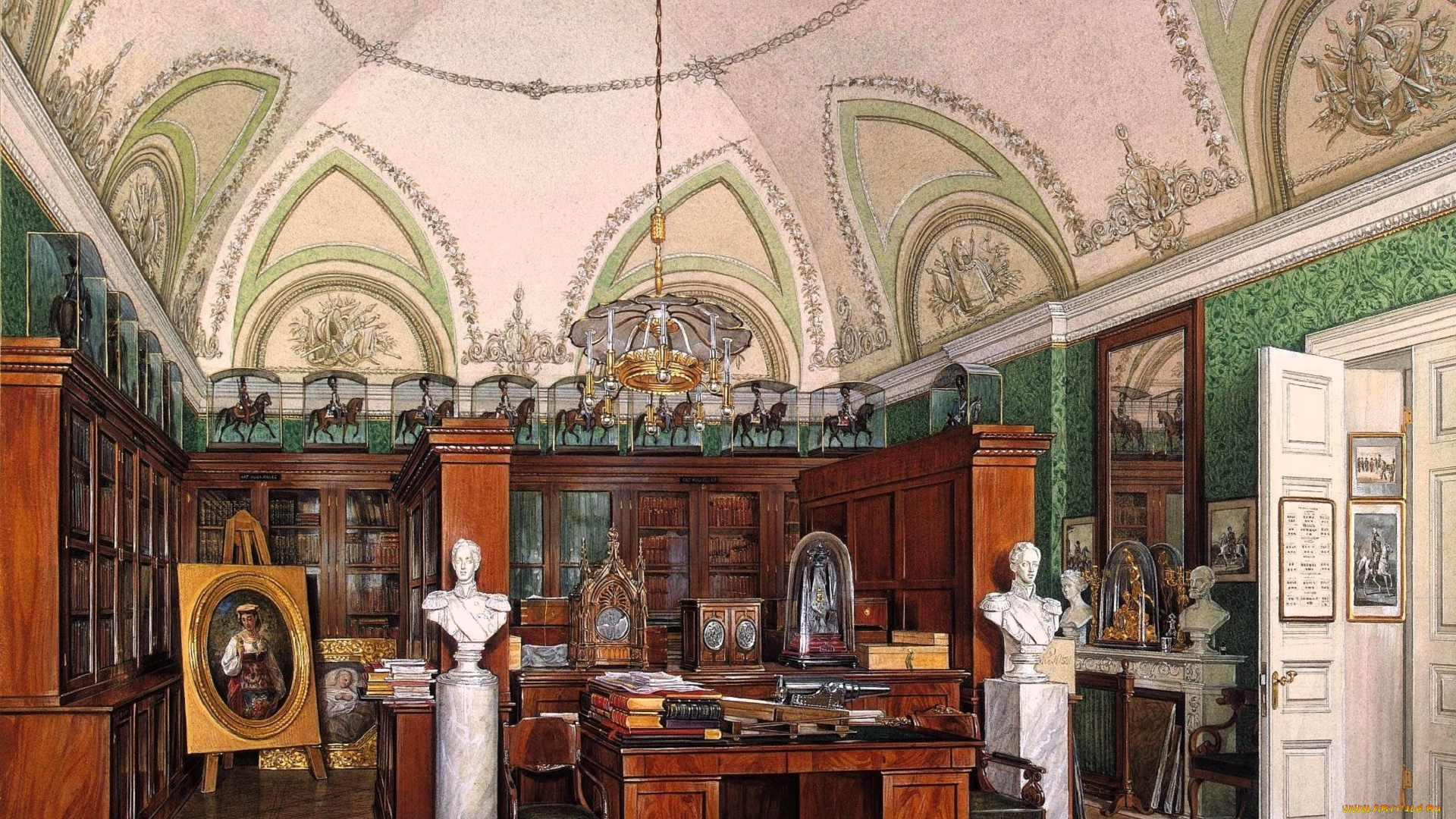 рисованное, эдуард, гау, дворец, интерьер, комната, лепнина, люстра, шкафы, фигурки, статуи, стол, книги, картина