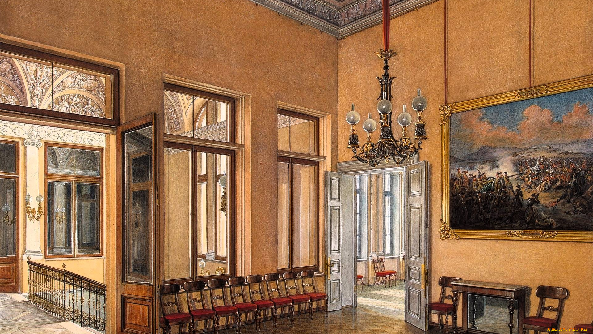 рисованное, эдуард, гау, дворец, интерьер, зал, двери, люстра, стулья, окна, картина, лепнина