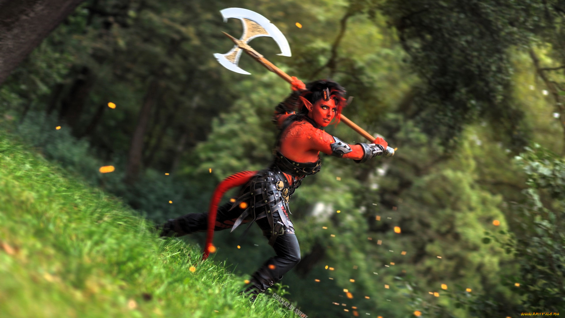 svizee, девушки, анастасия, волкова, , образ, косплей, наряд, костюм, хвост, рога, демонесса, топор, трава, поляна, лес, искры