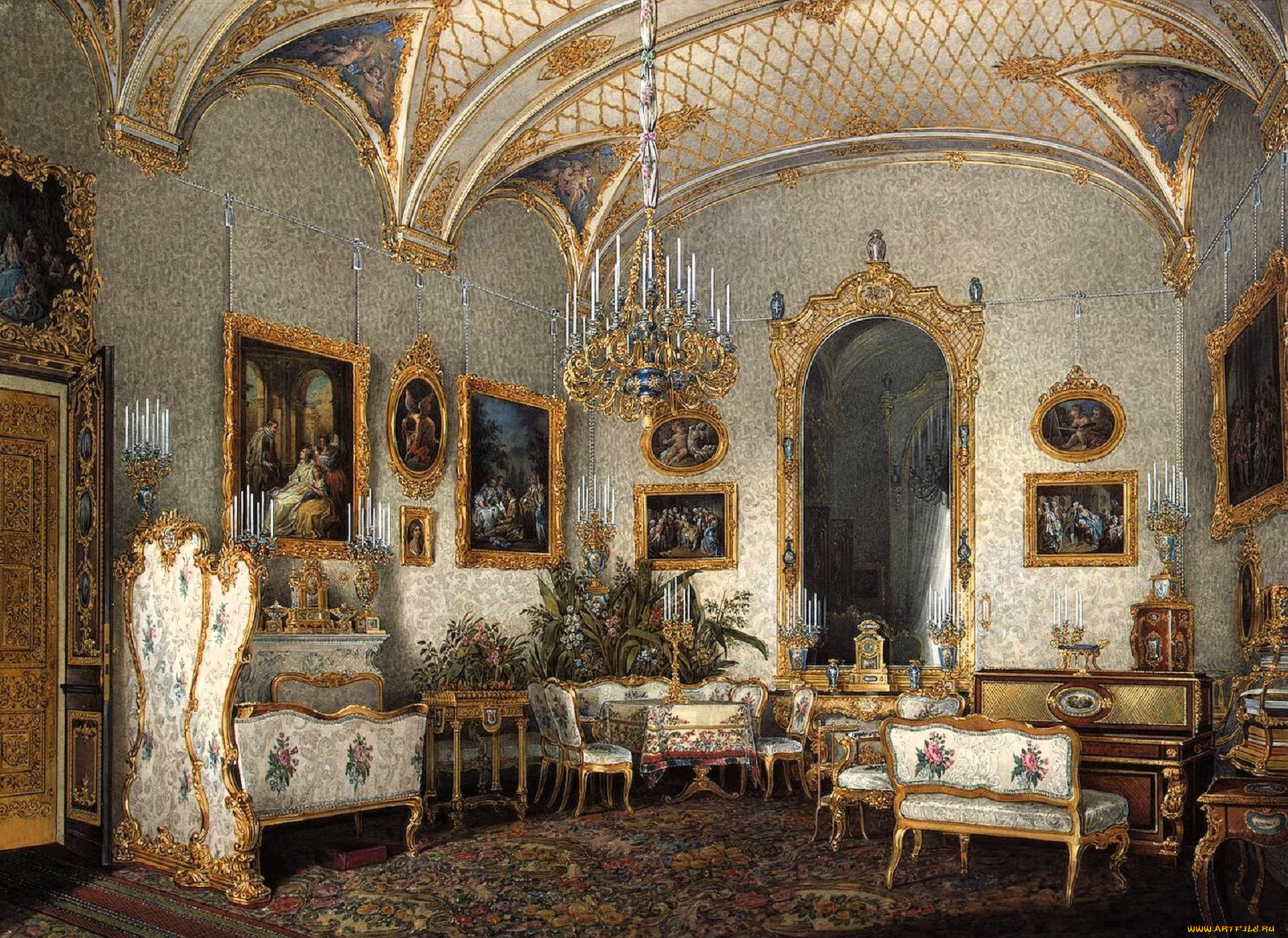 рисованное, эдуард, гау, дворец, интерьер, комната, свод, лепнина, люстра, диваны, ковер, картины