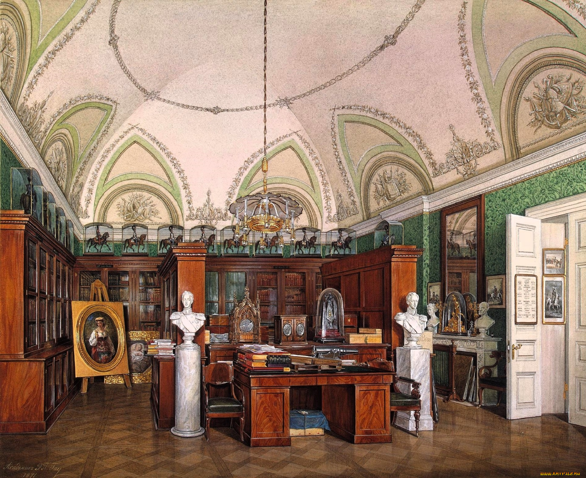 рисованное, эдуард, гау, дворец, интерьер, комната, лепнина, люстра, шкафы, фигурки, статуи, стол, книги, картина
