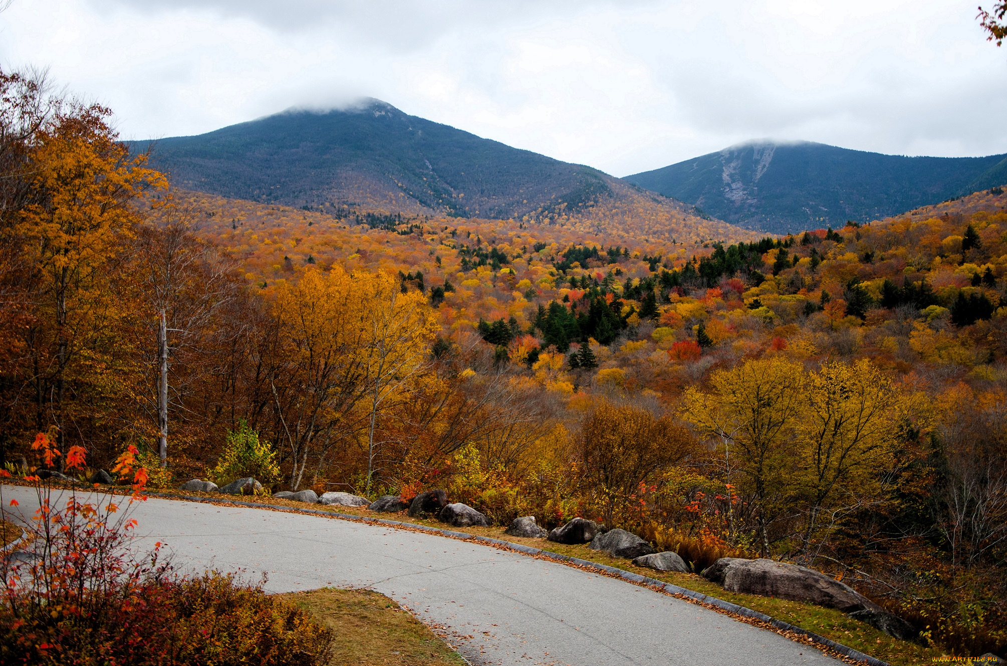 природа, дороги, горы, деревья, осень, дорога, камни