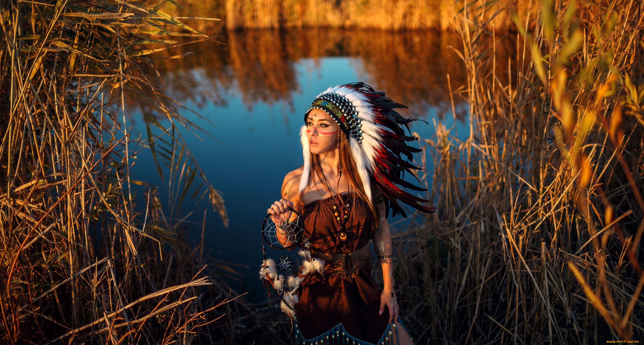 девушки, -, креатив, , косплей, образ, косплей, наряд, костюм, индианка, перья, камыши, озеро, ловец, снов