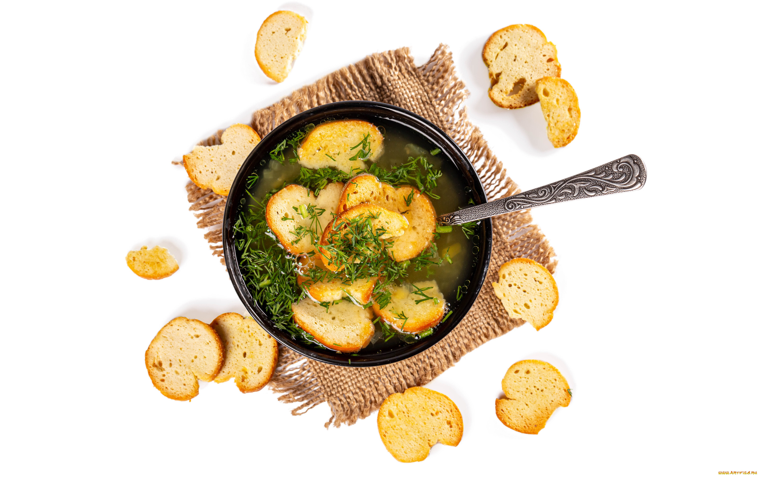 еда, первые, блюда, сухарики, суп, укроп