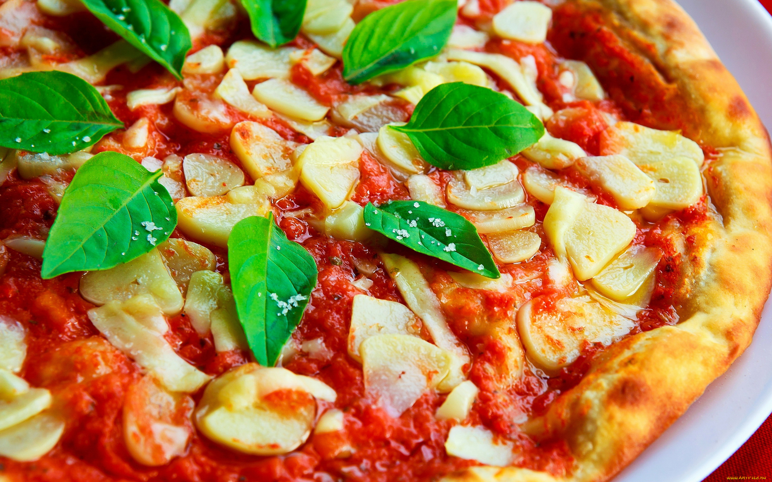еда, пицца, базилик, чеснок, макро