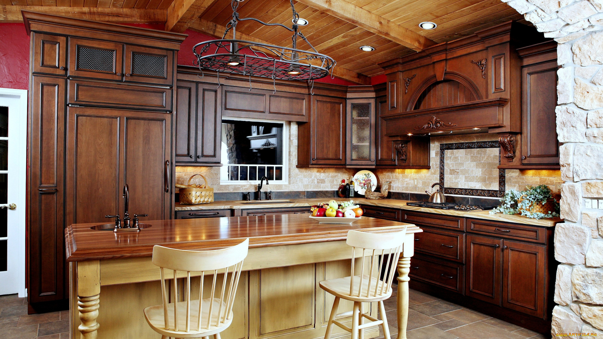 интерьер, кухня, камень, стол, фрукты, плита, шкаф, стулья, чайник