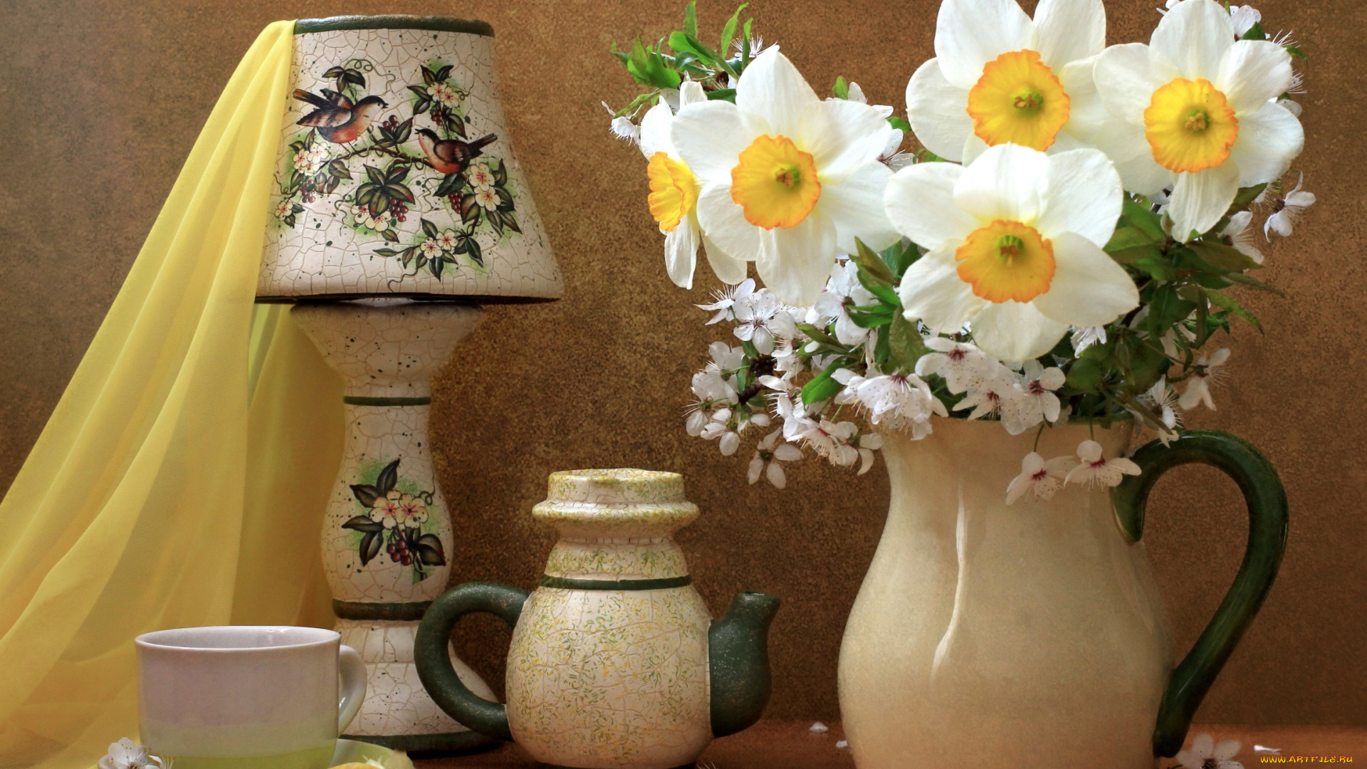 цветы, букеты, композиции, нарциссы, лампа, вишня