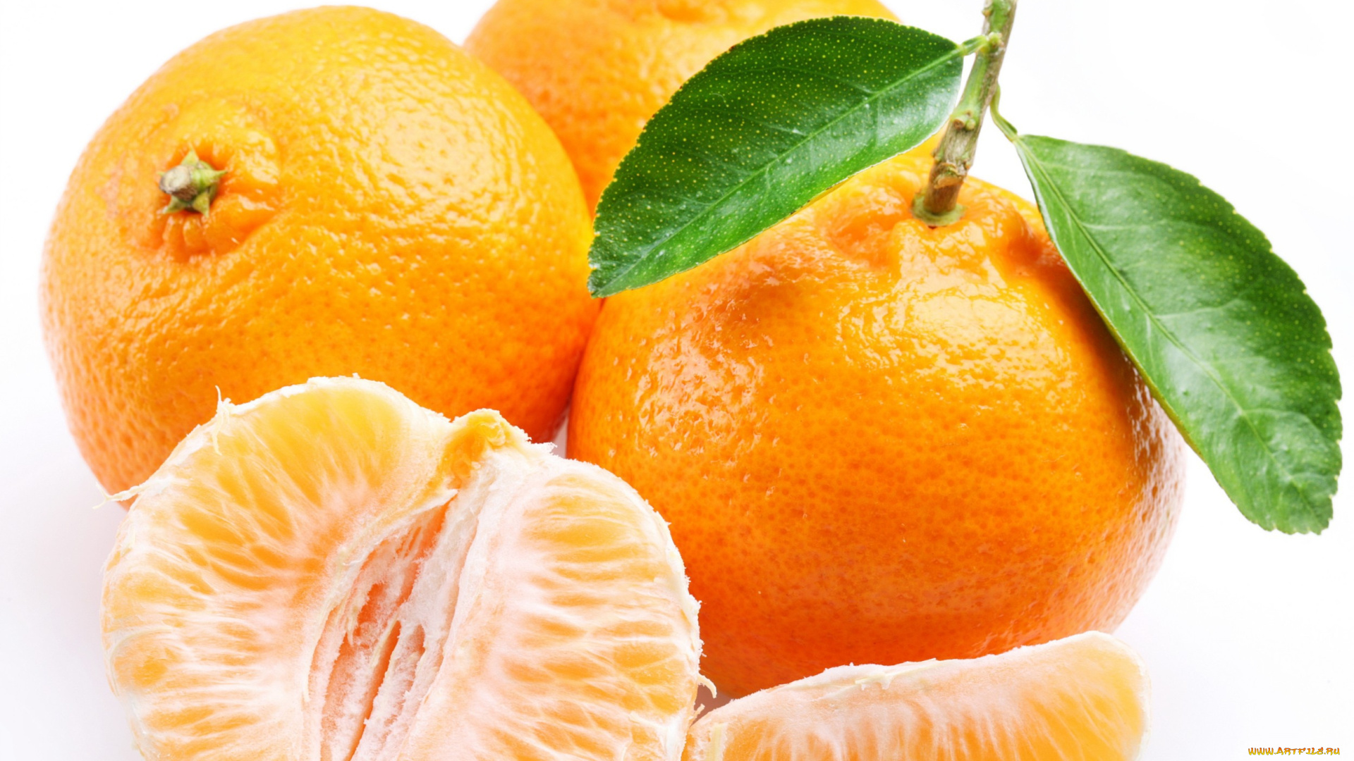 еда, цитрусы, мандарины, дольки, листья