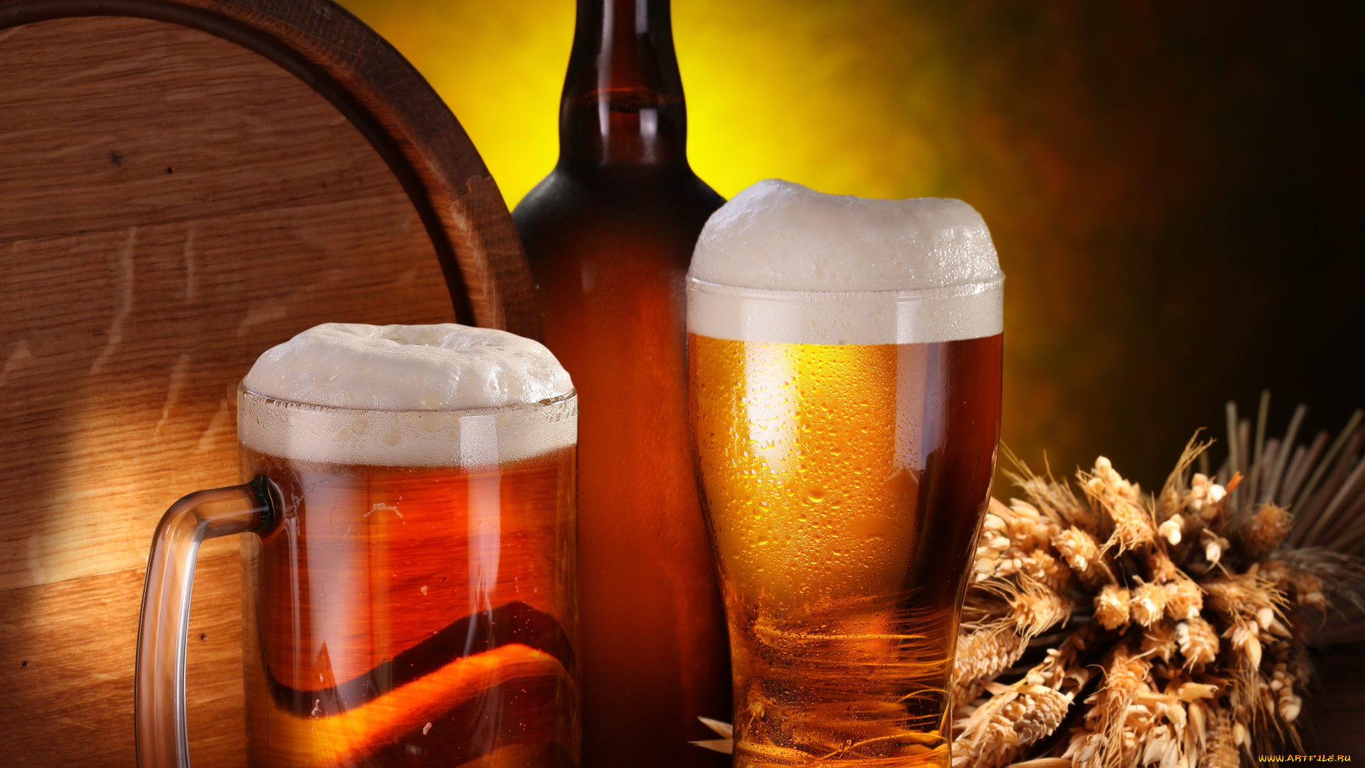 еда, напитки, пиво, бочка, бутылка, кружка, бокал, пена, колосья