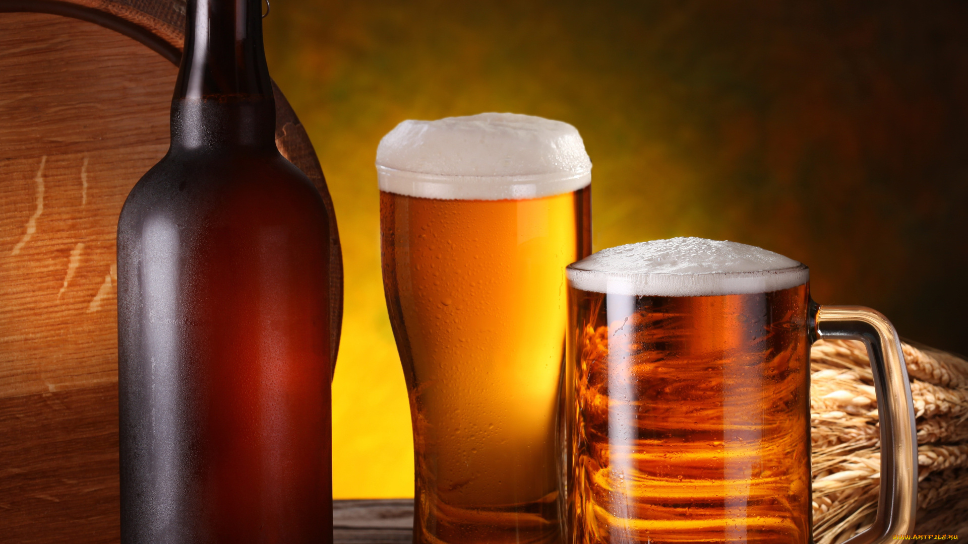 еда, напитки, пиво, бочка, бутылка, кружка, бокал, пена, колосья