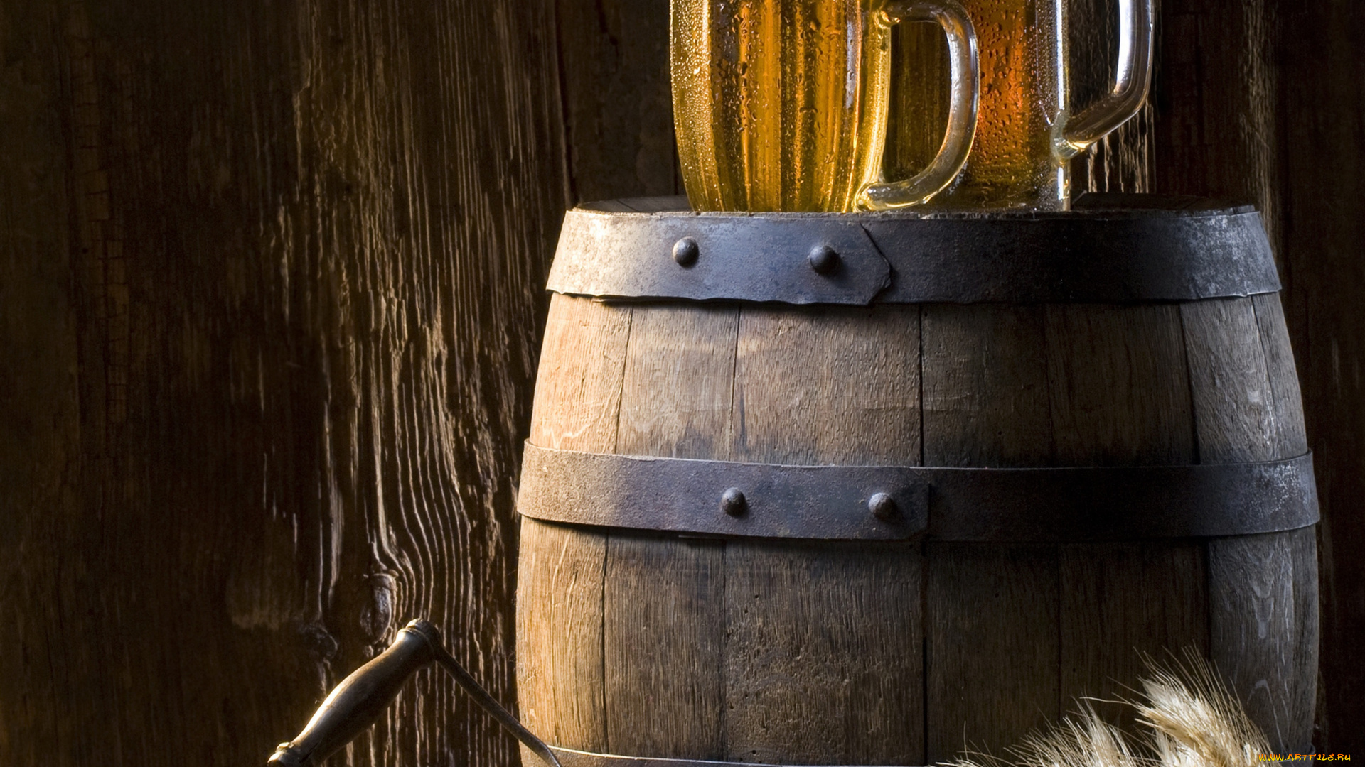 еда, напитки, пиво, бочка, колосья, кран, кружки