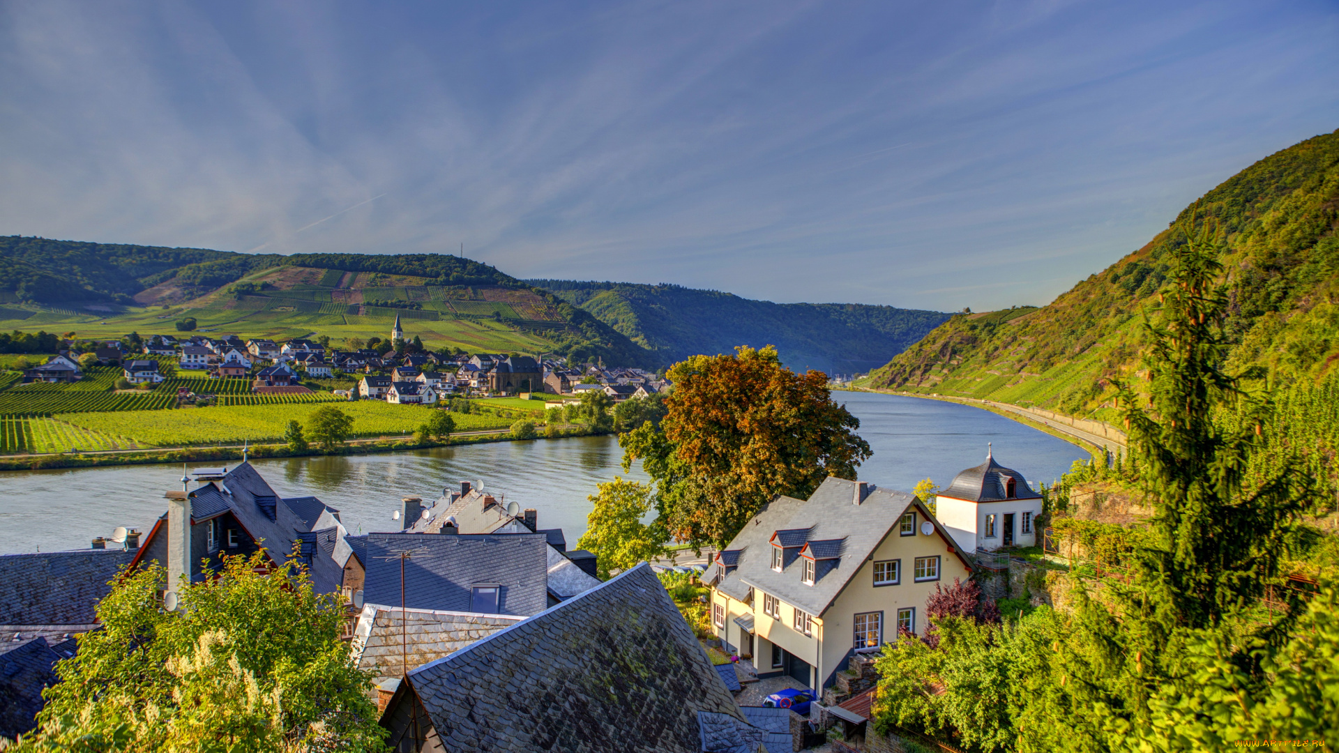 германия, байльштайн, города, пейзажи, набережная, река, дома, панорама, горы, деревья
