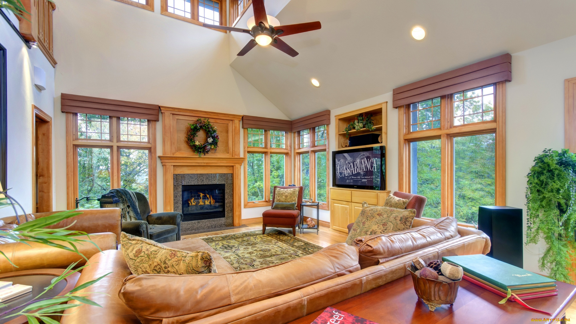 интерьер, гостиная, диваны, плазма, камин