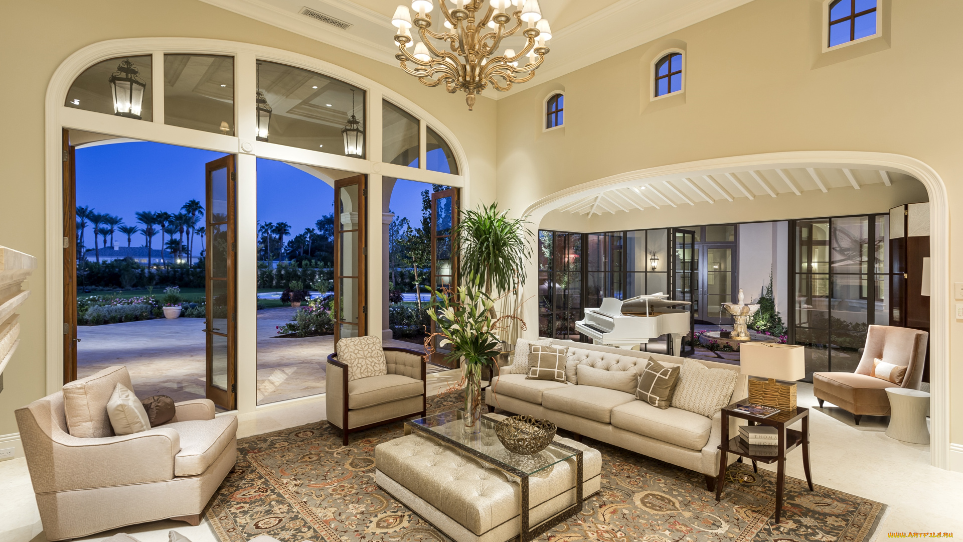 интерьер, гостиная, окна, люстра, диваны