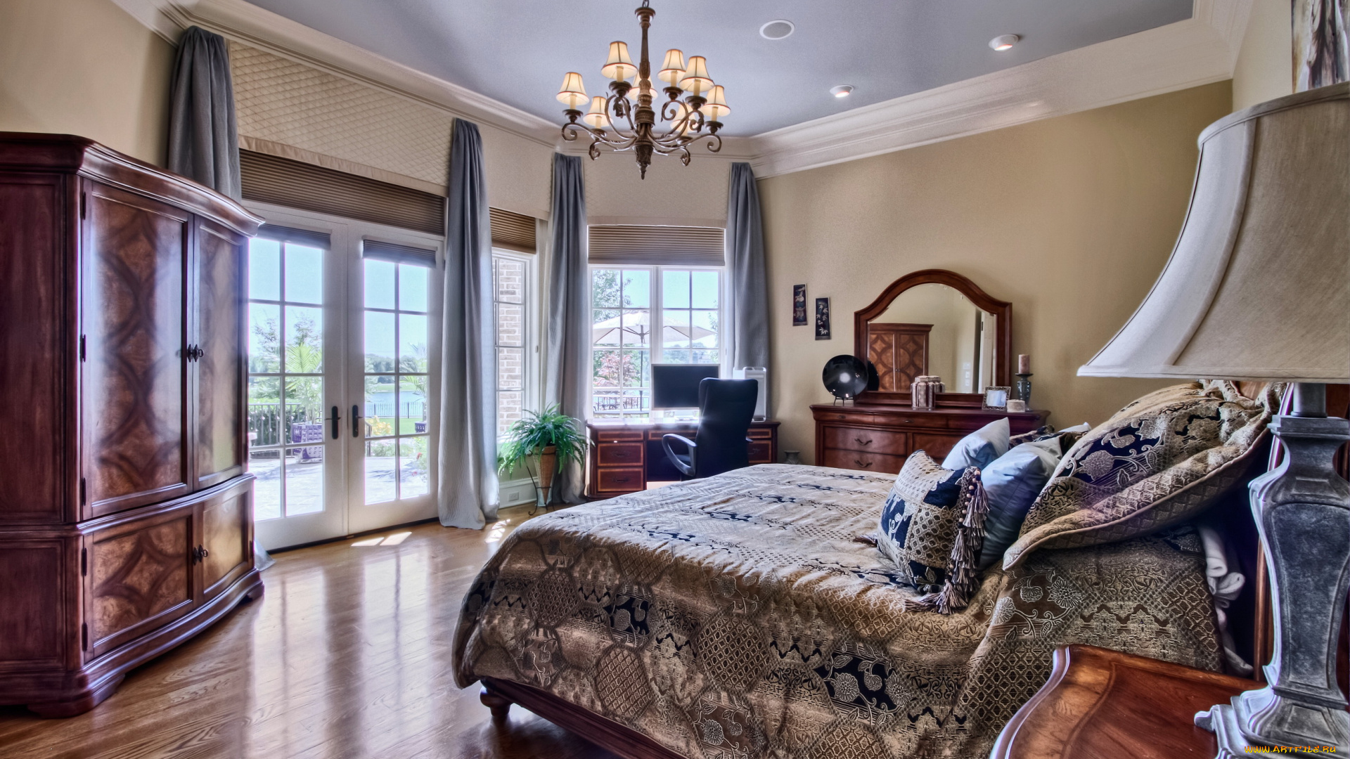 интерьер, спальня, люстра, кровати, шторы, шкаф